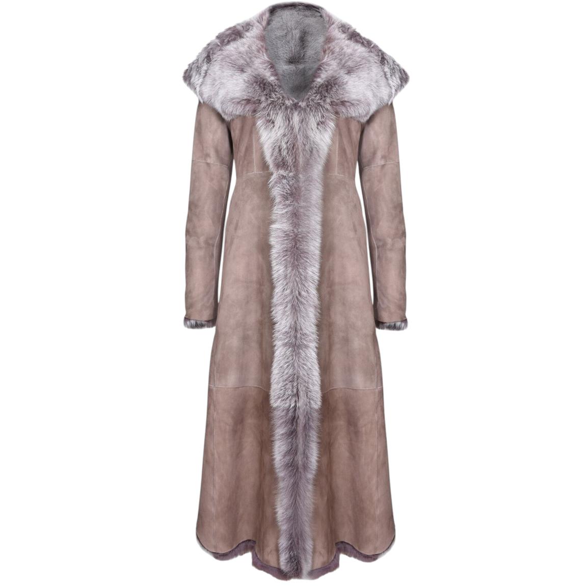 Womens Taupe Suede Toscana Sheepskin Hooded Trench Coat-Fribourg main product photo
