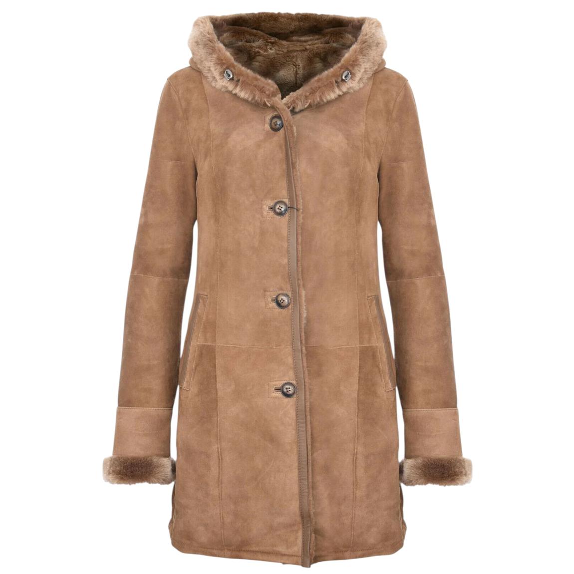 Womens Tan Suede Merino Sheepskin Hooded Coat-Richmond main product photo