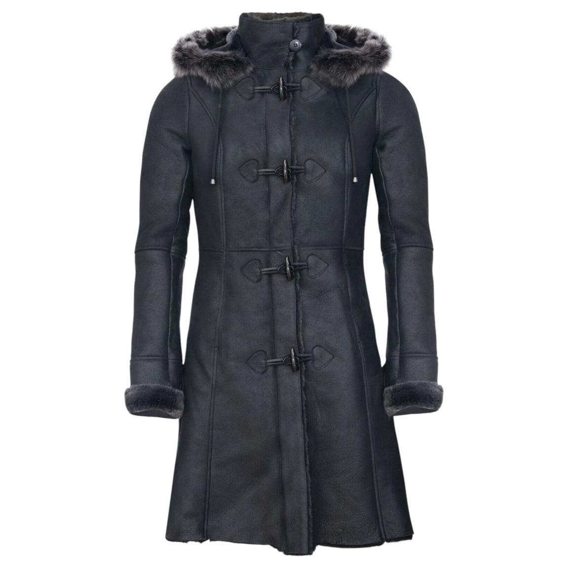 Womens Sheepskin Hooded Black Duffle Overcoat-Redhill main product photo