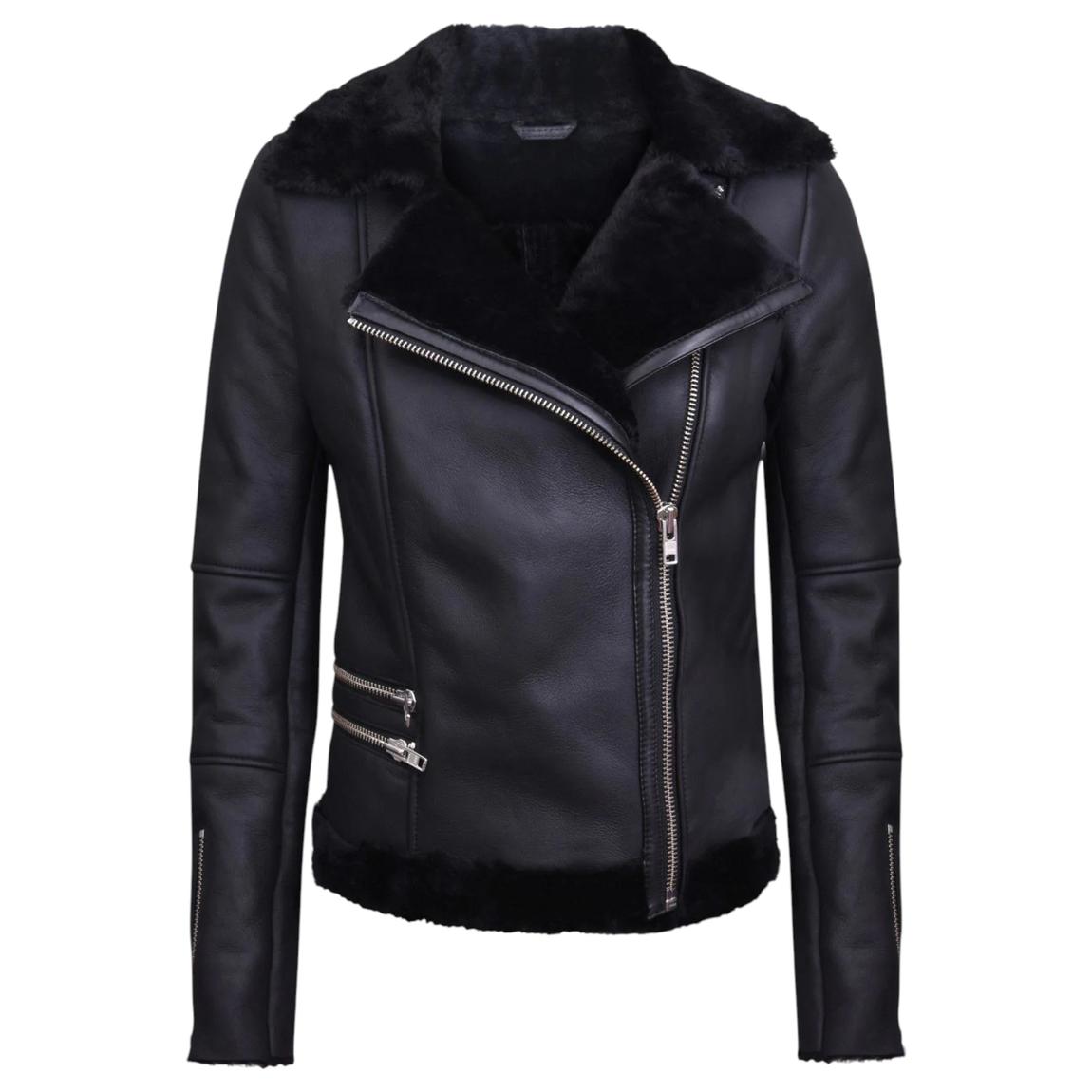 Womens Shearling Sheepskin Black Aviator Jacket-Patchway main product photo