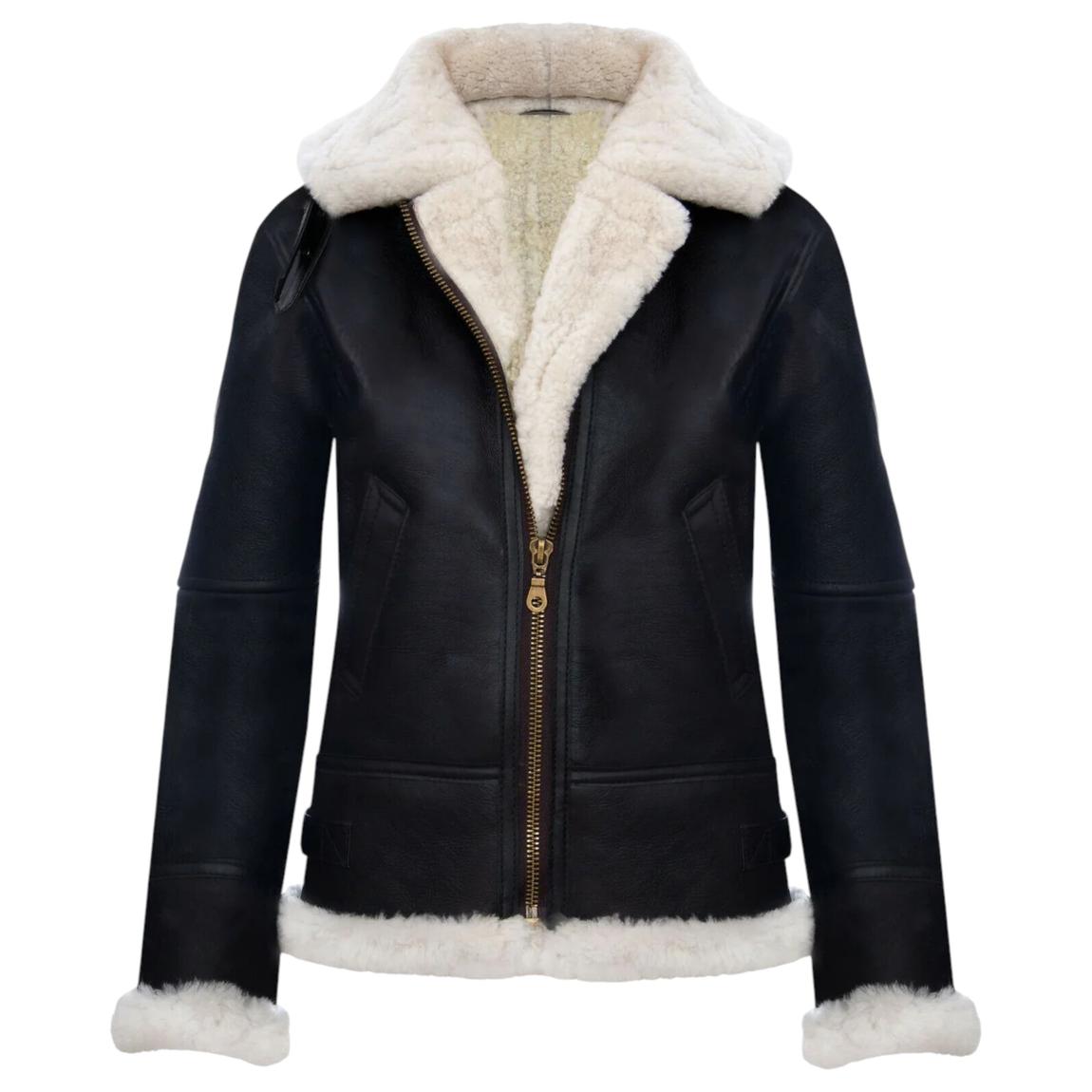 Womens Brown Cream Warmer Hooded Sheepskin Leather Jacket-Orford main product photo
