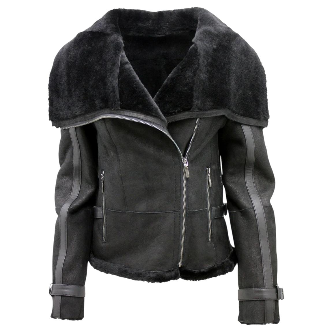Womens Black Merino Sheepskin Leather Jacket-Petworth main product photo