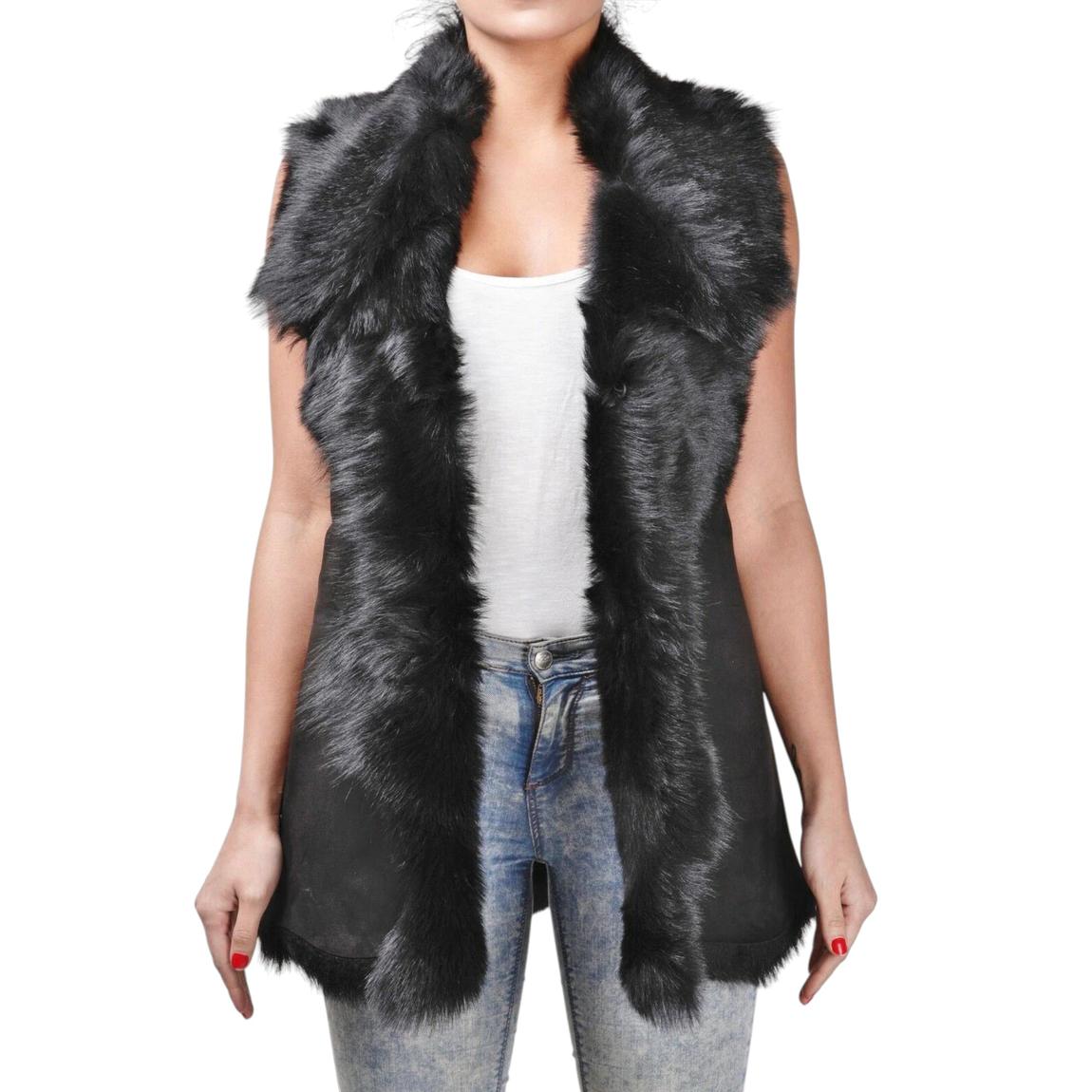 Womens Black Warmer Toscana Sheepskin Long Gilet-Seaford main product photo