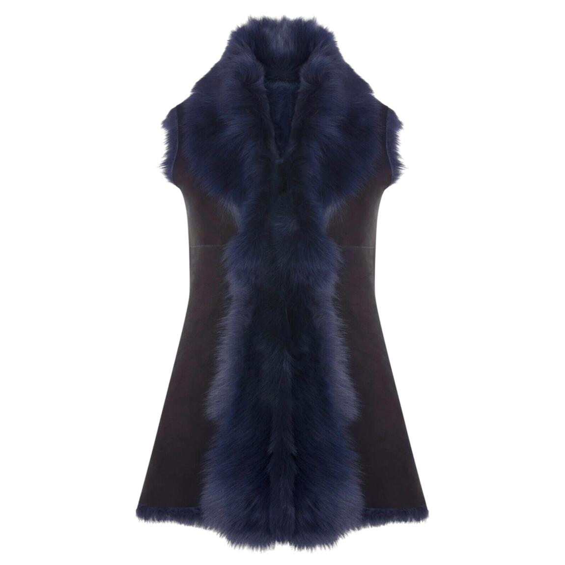 Womens Navy Warmer Toscana Sheepskin Long Gilet-Seaford main product photo