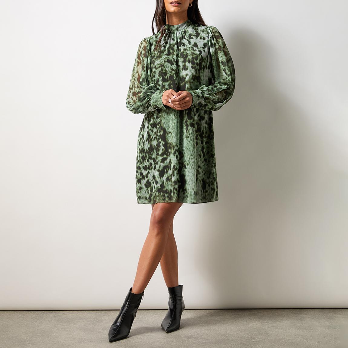 Green Leopard Print High Neck Dress main product photo