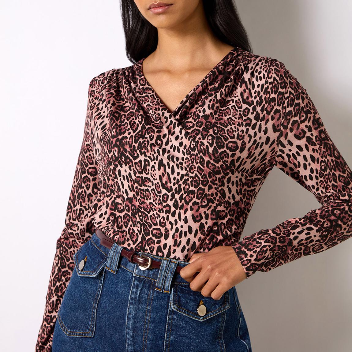 Pink Leopard Print Jersey Drape Front Top main product photo