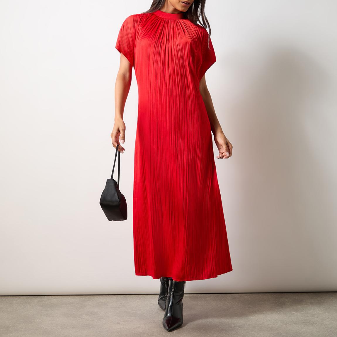 Petite Red High Neck Plisse Dress main product photo