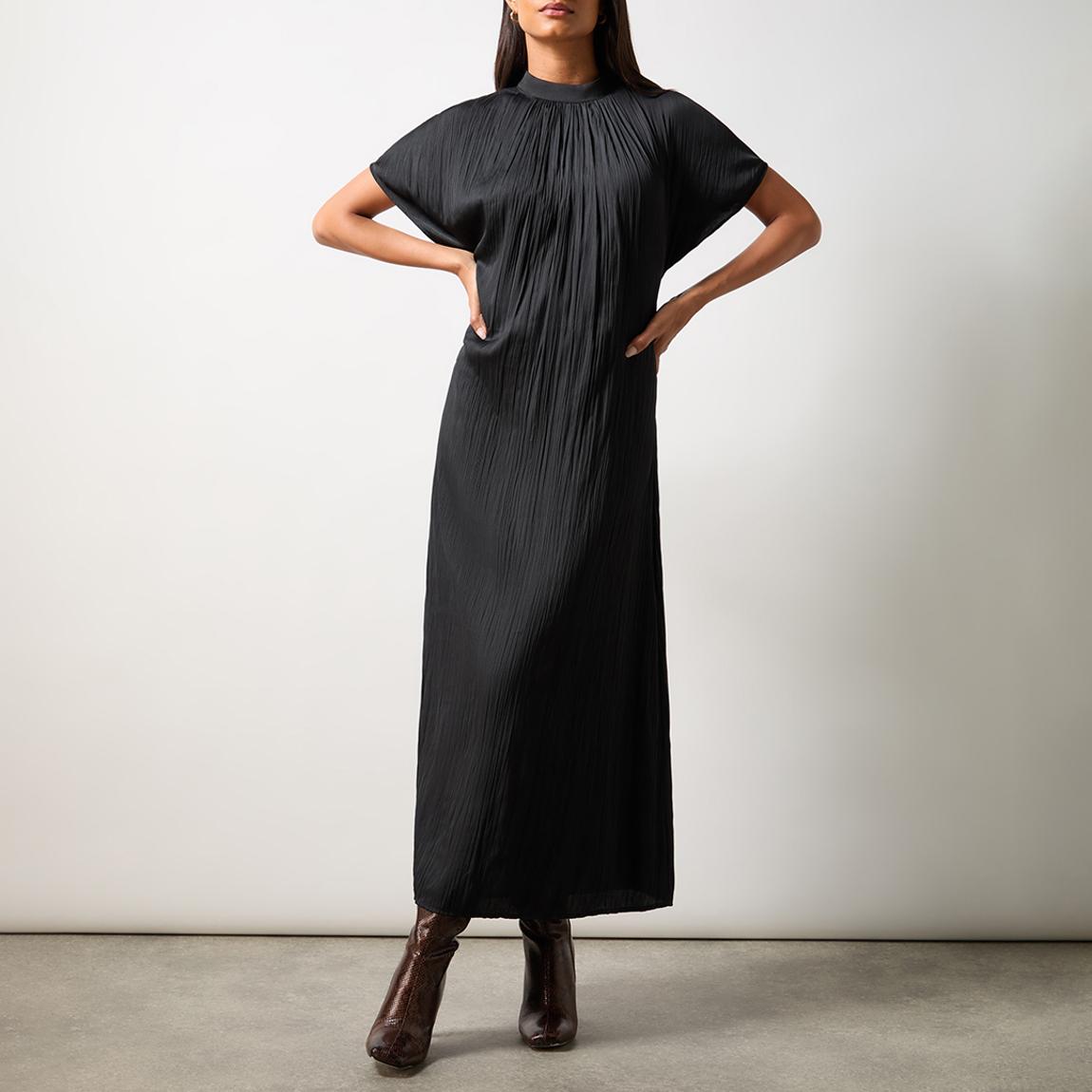 Petite Black High Neck Plisse Dress main product photo