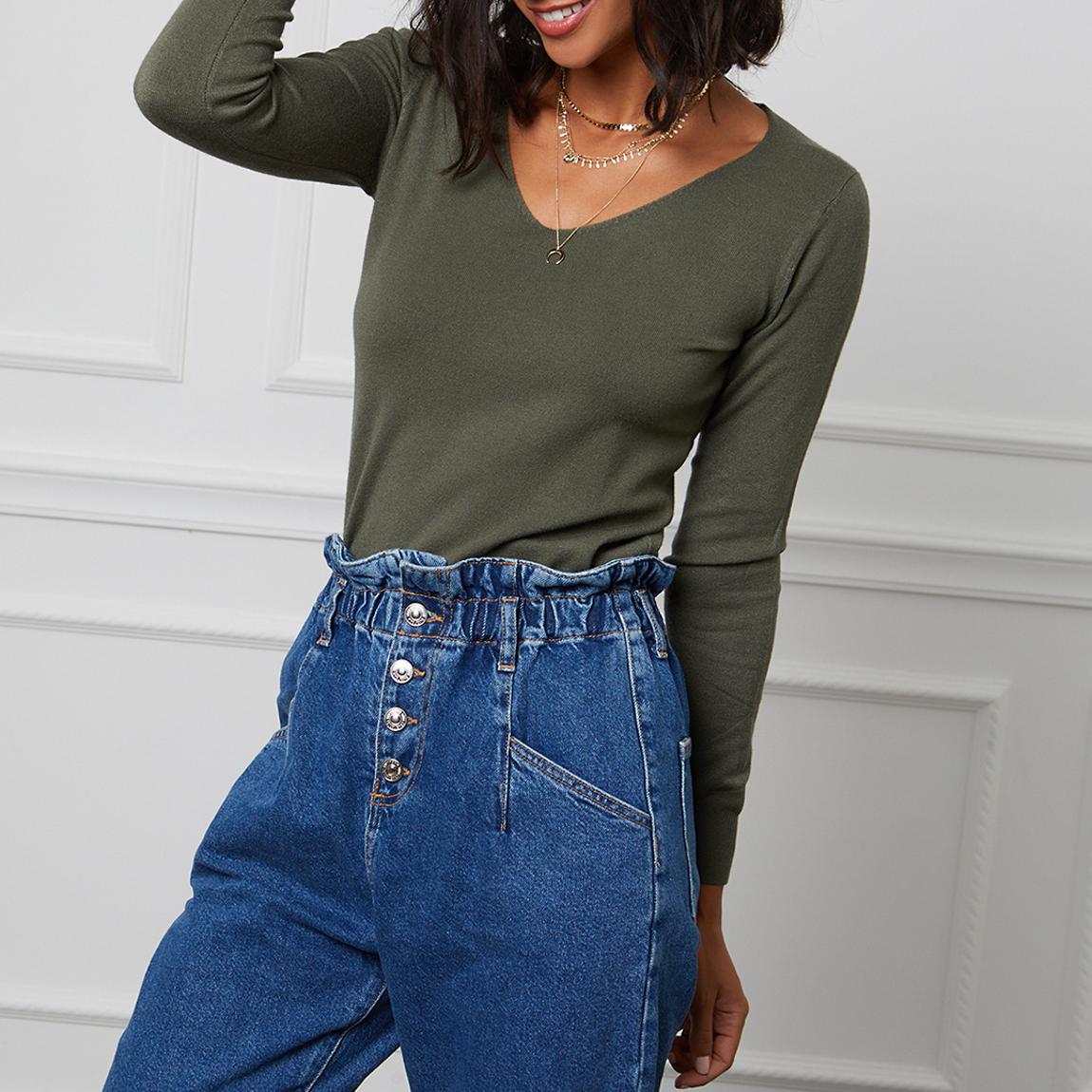 Khaki Green Fine Knit V-Neck Jumper main product photo