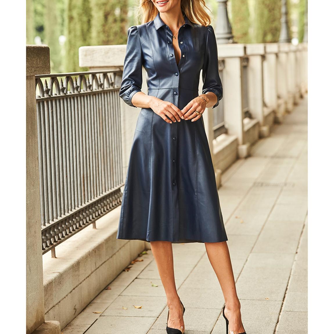 Navy Blue Faux Leather Popper Front Shirt Dress main product photo