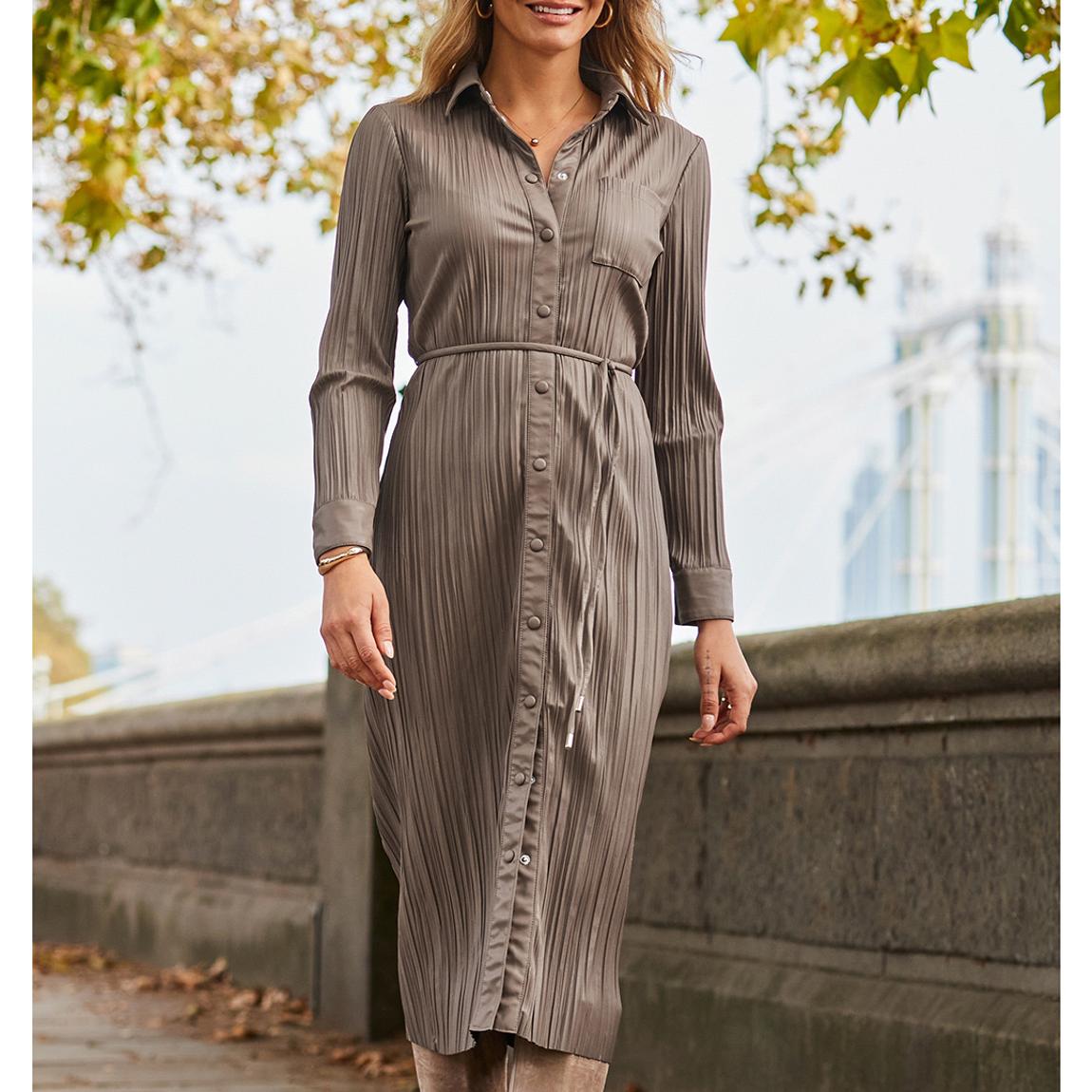 SOSANDAR Taupe Leather Look Plisse Shirt Dress - BrandAlley
