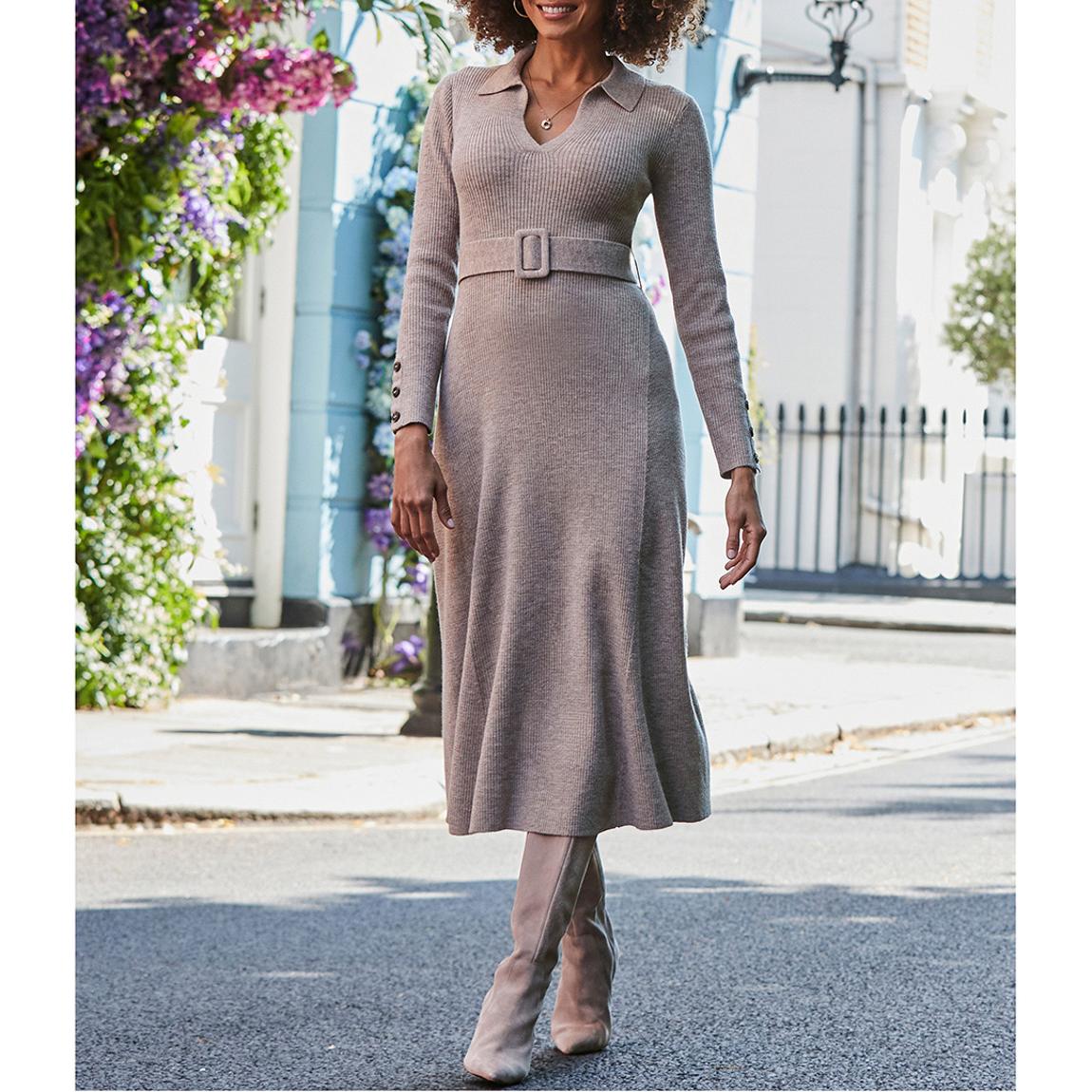 Taupe Knitted Belted Midi Dress main product photo