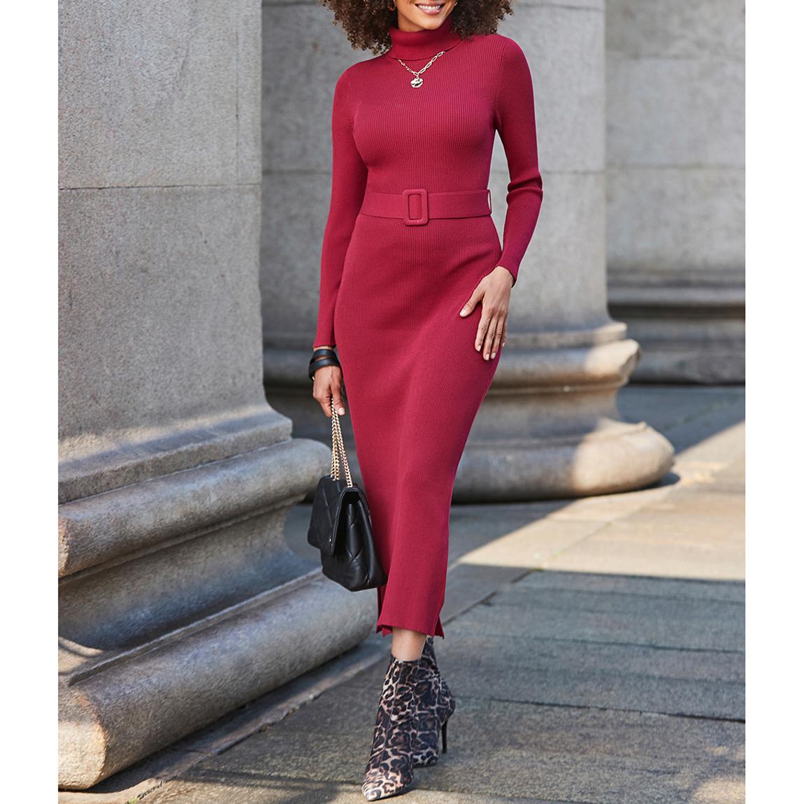 Cherry Red Belted Knit Midi Dress main product photo