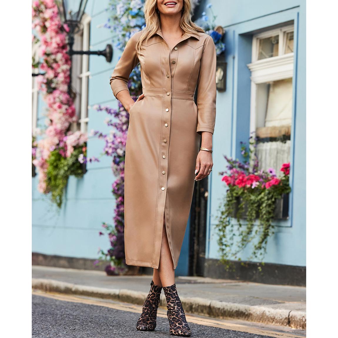 Camel Faux Leather Shirt Dress main product photo