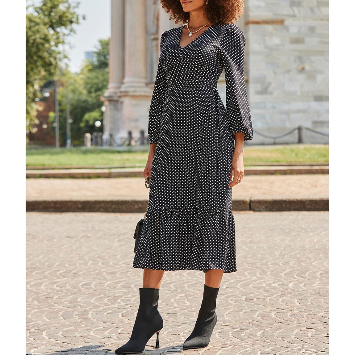Black Spot Print Belted Midi Dress main product photo