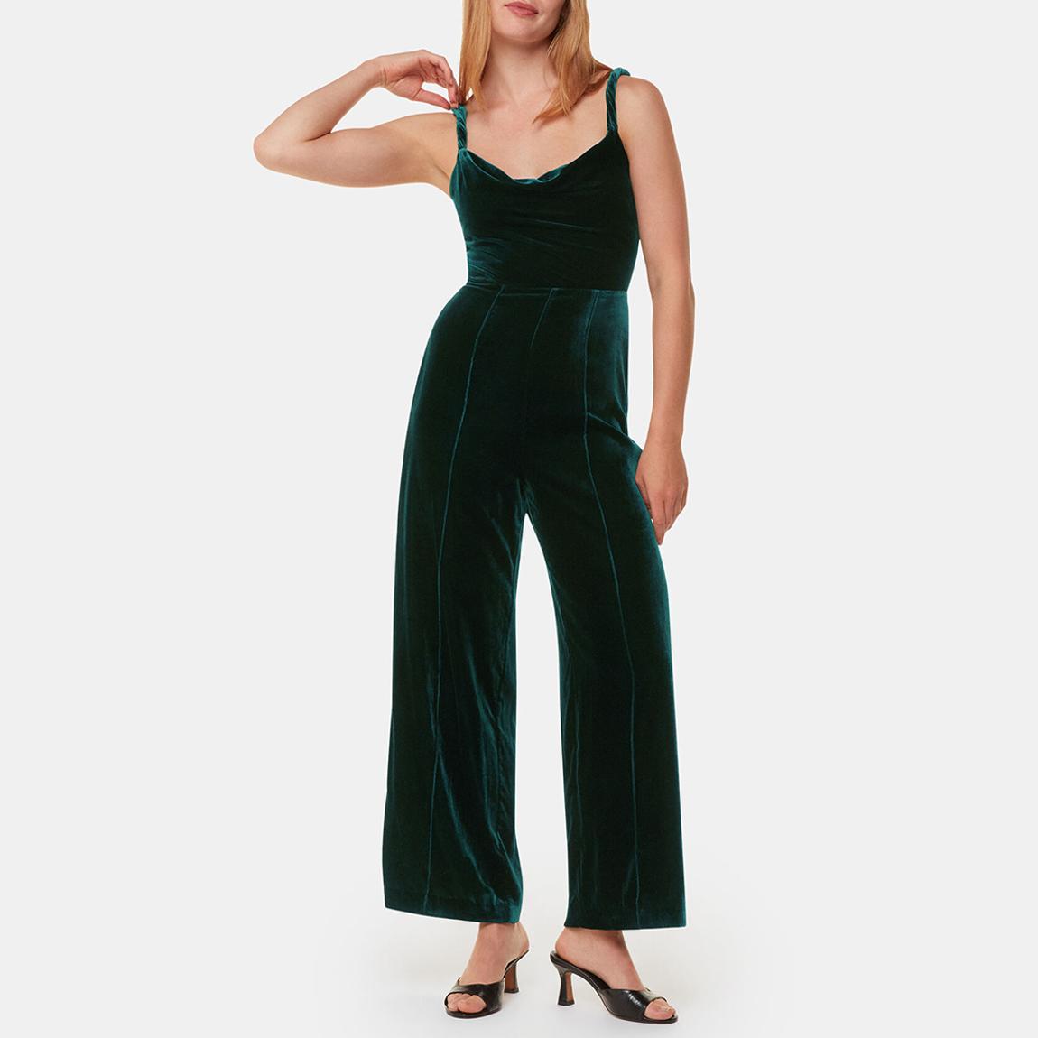 Dark Green Twist Strap Velvet Jumpsuit main product photo
