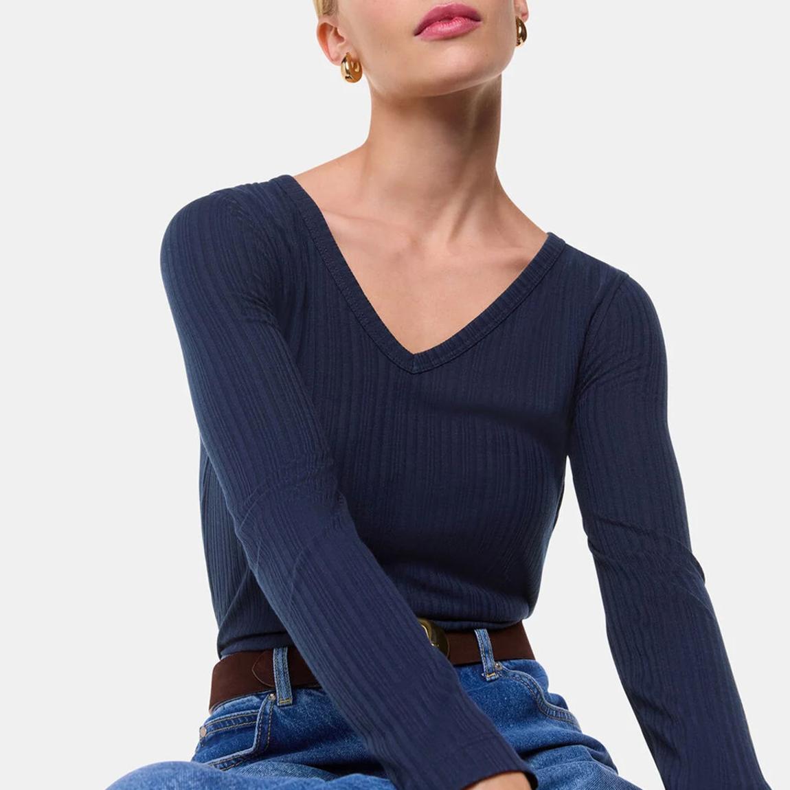 Navy Diagonal Rib V Neck Top main product photo