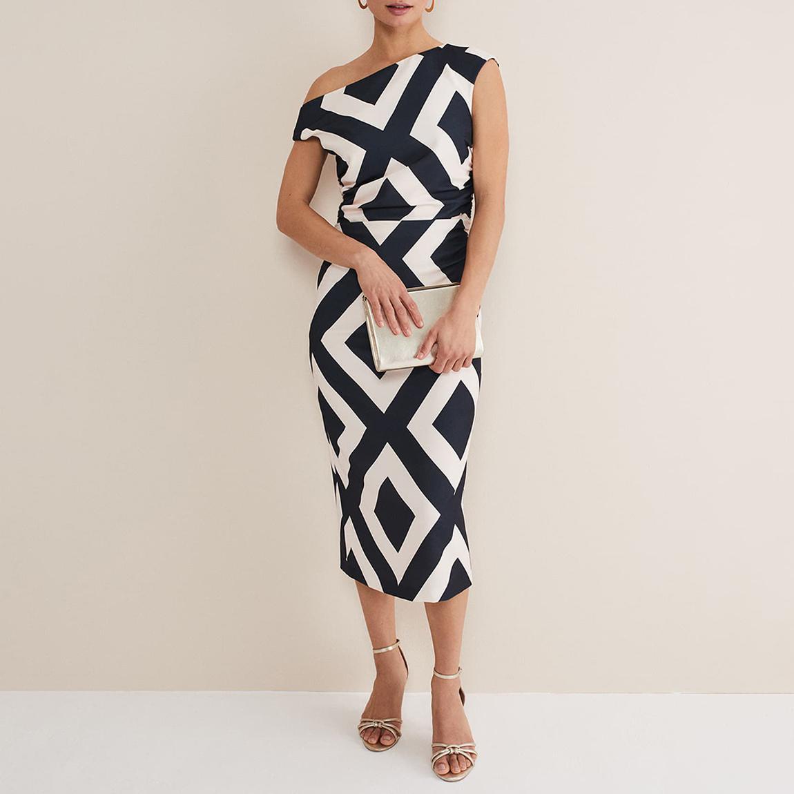 Navy Posy One Shoulder Fitted Dress main product photo