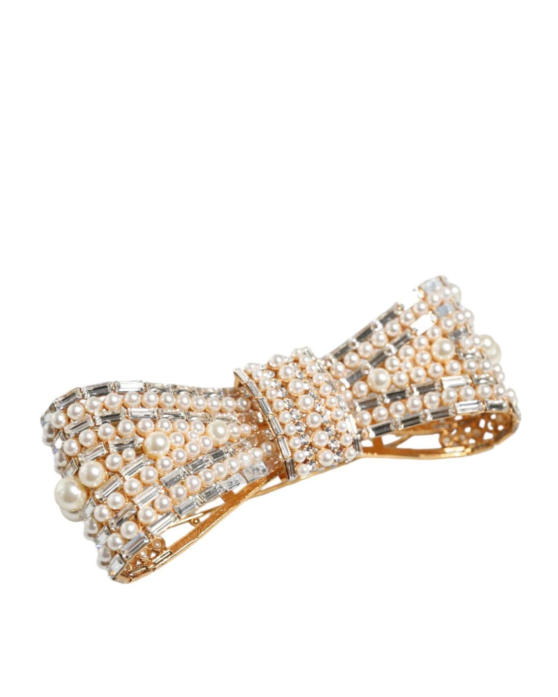 Pearl Crystal Bow Hair Clip - Gold Brooches main product photo