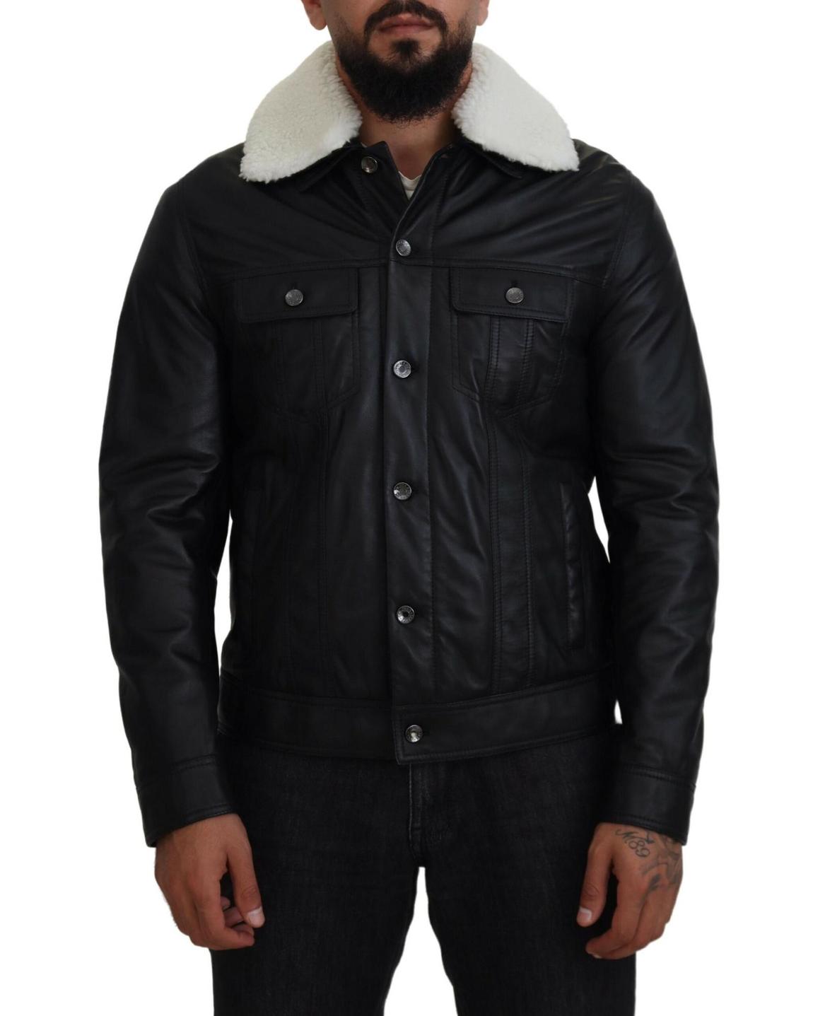 Leather Jacket Shearling Collar- Black main product photo