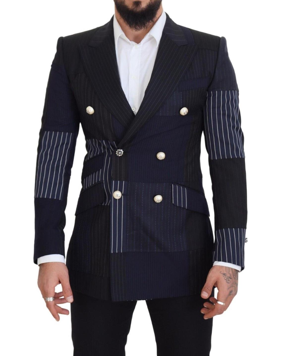 Double Breasted Blazer Patchwork Pinstripe - Navy Blue main product photo