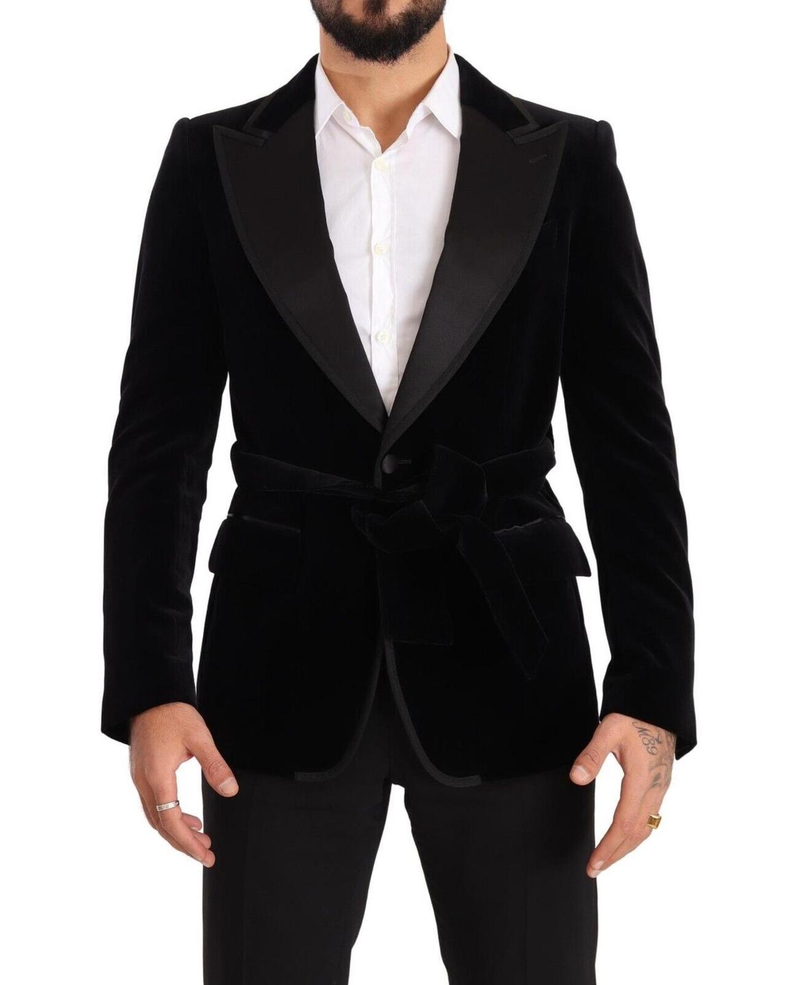 Velvet Blazer with Belt Black Shawl Lapel main product photo
