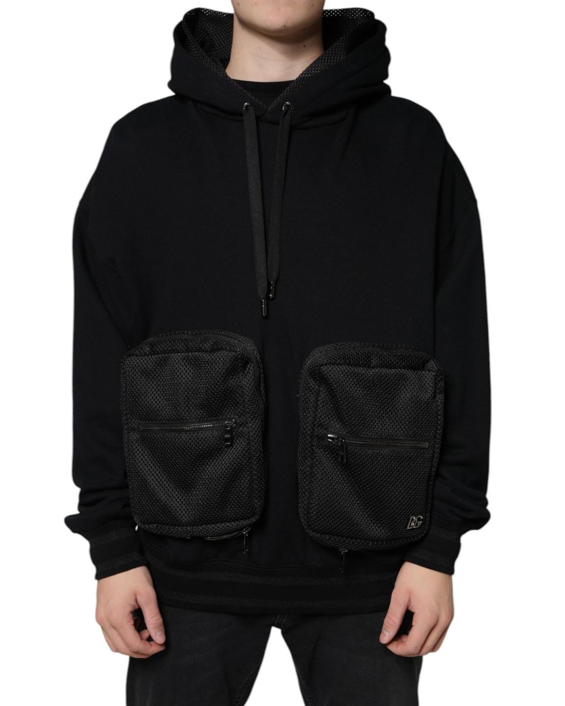 Hooded Sweatshirt Mesh Pocket Detail- Black Sweaters main product photo