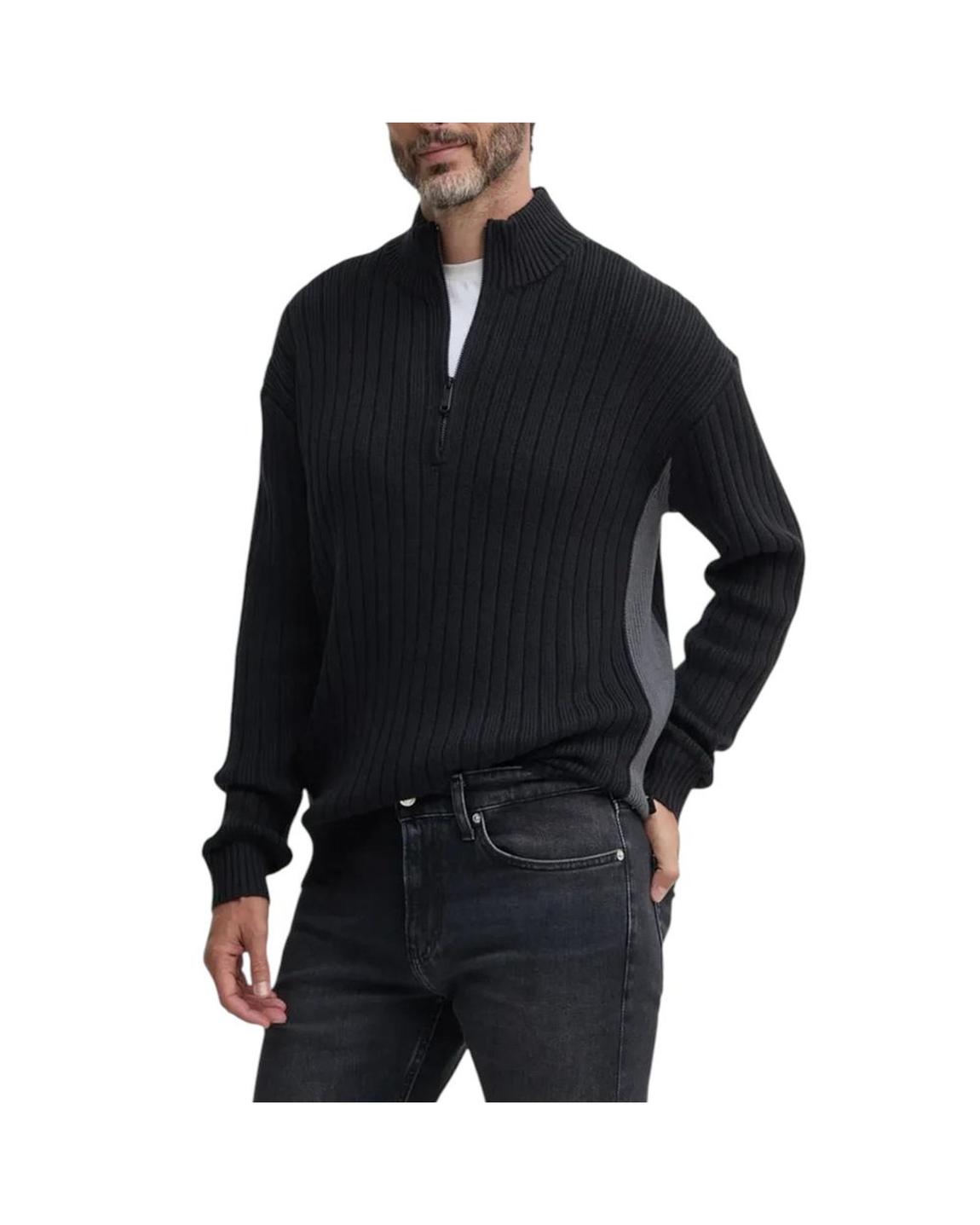 Ribbed Knit Mock Neck HalfZip Sweater - Black Cardigans main product photo