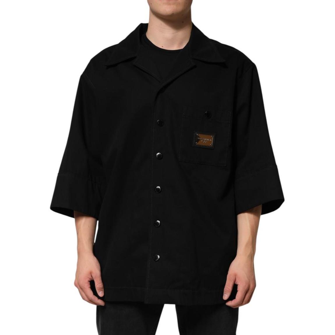 Short Sleeve Button Casual Shirt with Classic Neck - Black main product photo