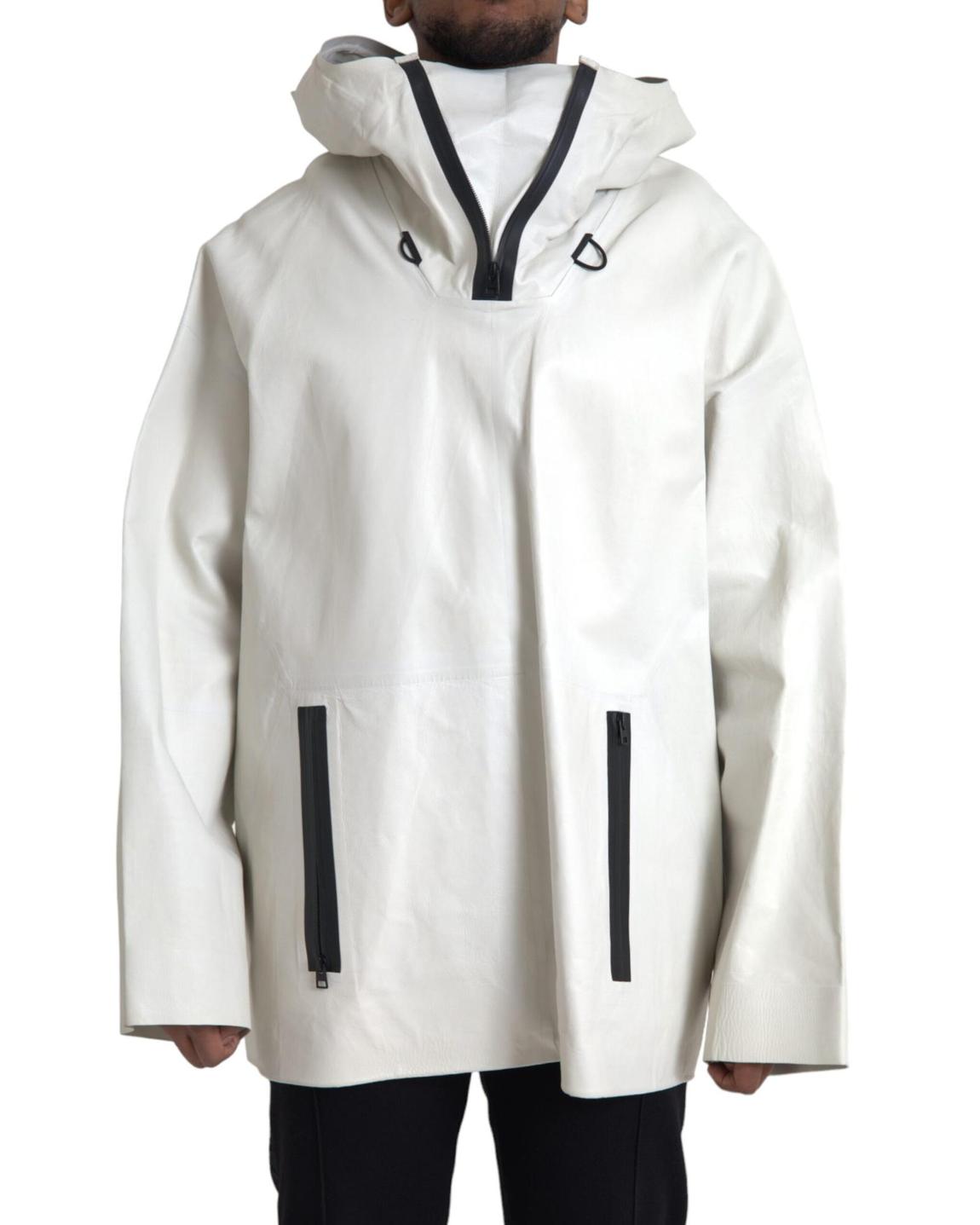 Oversized Hooded Leather Jacket - White main product photo