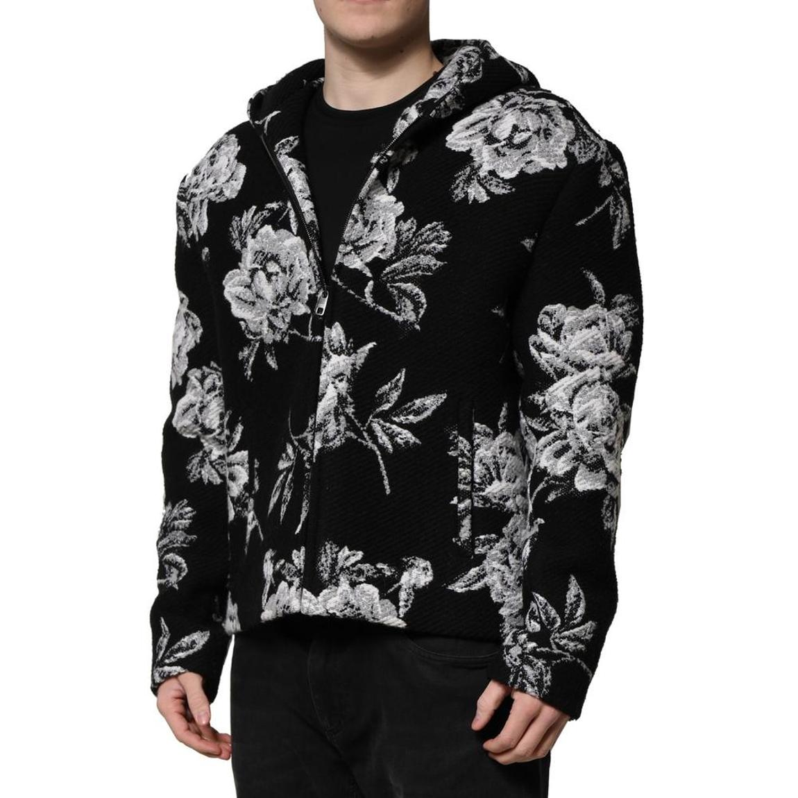 Floral Printed Hooded Jacket with Full Zip Closure - Black main product photo