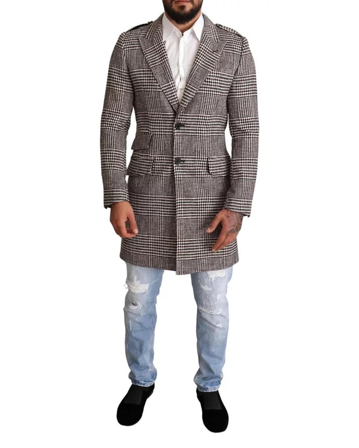 Glen Plaid Wool Coat Long Sleeve - Gray Jackets main product photo