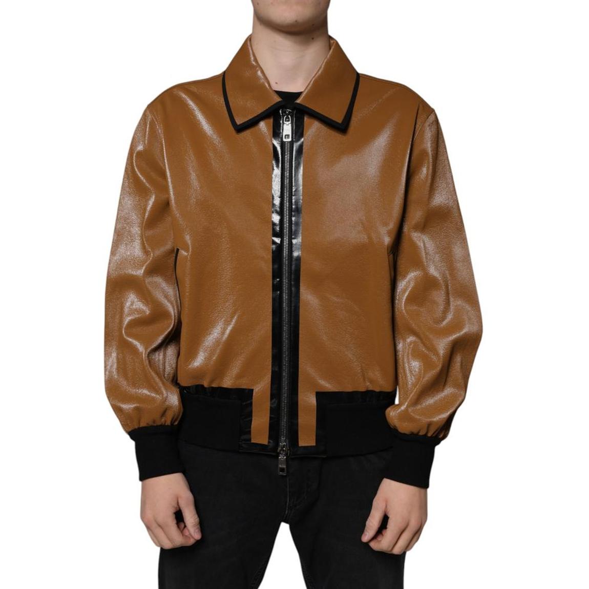 Leather Full Zip Bomber Jacket - Brown main product photo