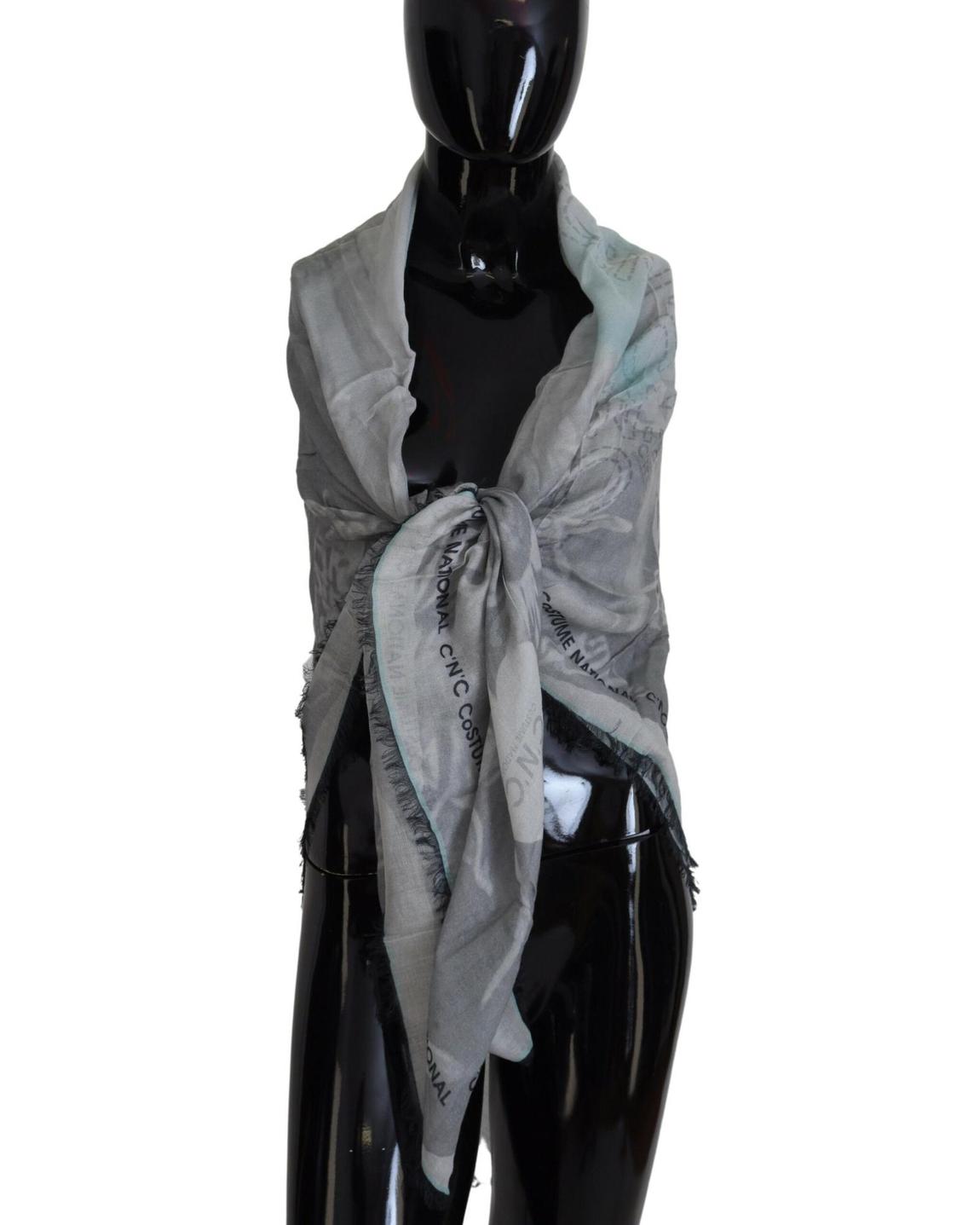 Printed Square Scarf Fringed Edges Wo - Gray Scarves main product photo