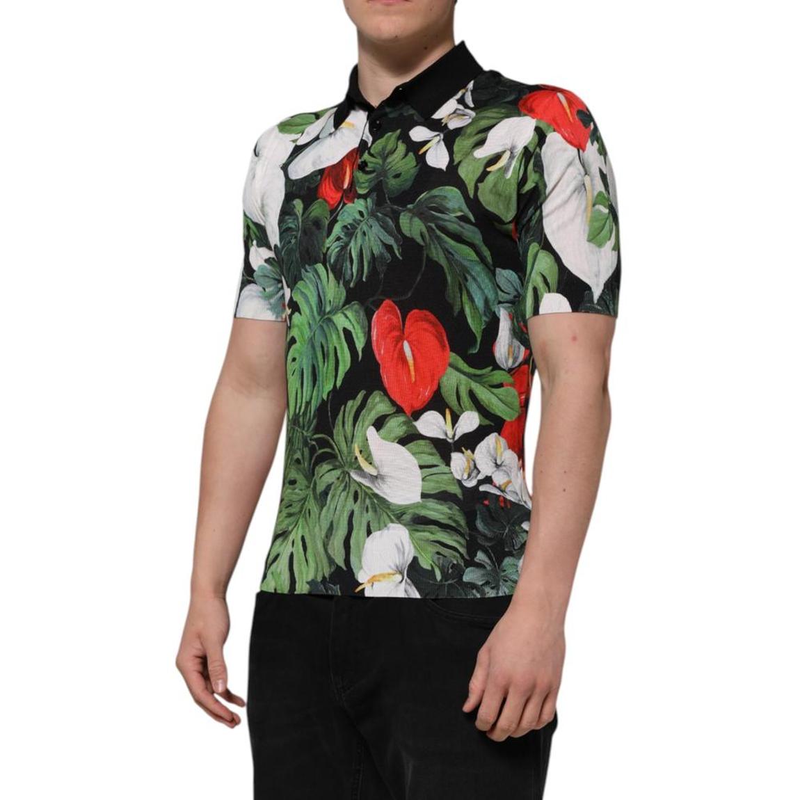 Floral Silk Collared Polo T-shirt with Button Closure and Logo Details main product photo