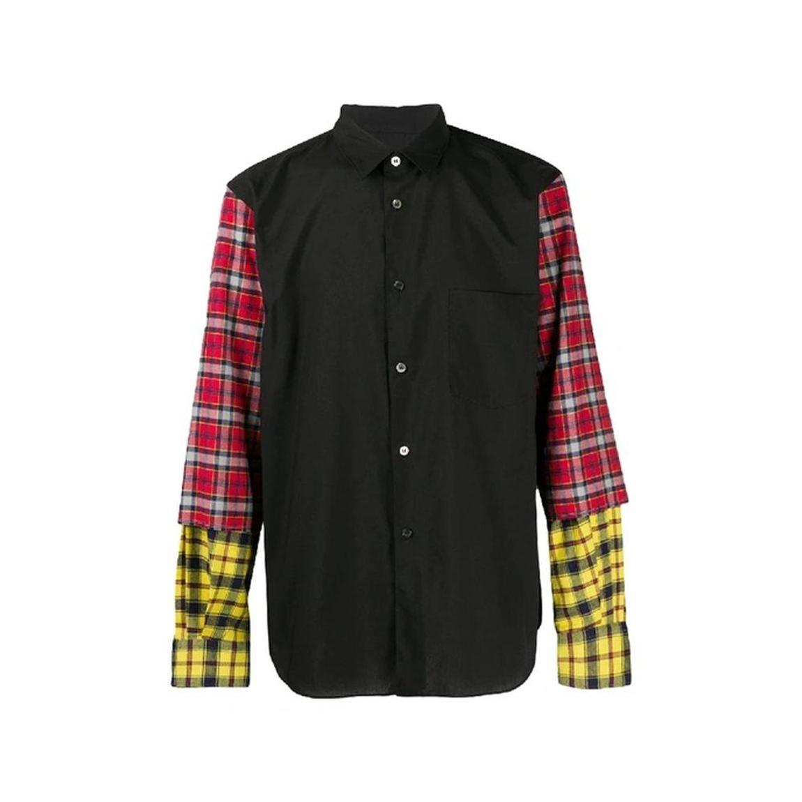Checked Sleeve Cotton Shirt with Curved Hem - Black main product photo
