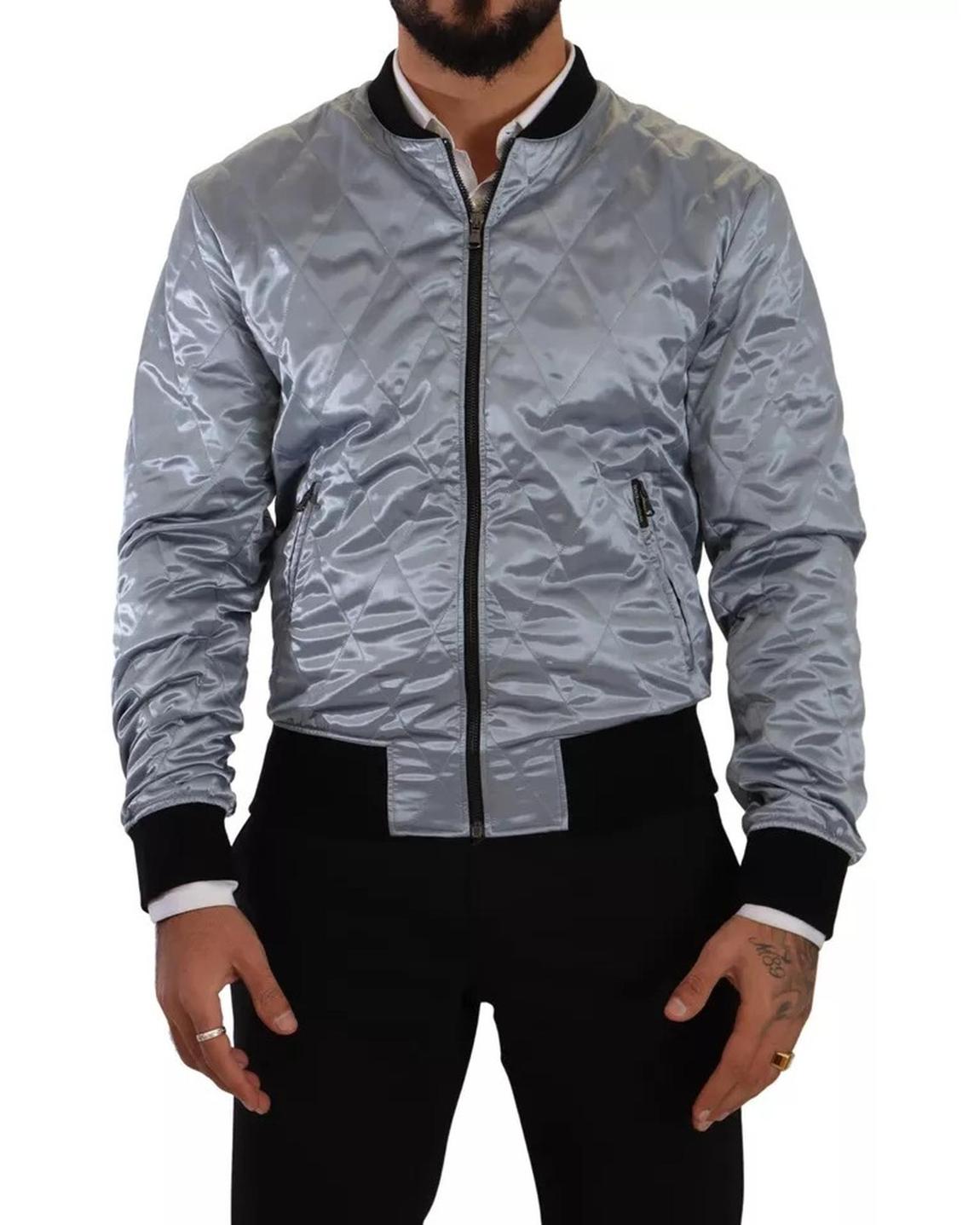 Quilted Satin Bomber Jacket Silver - Light Blue main product photo