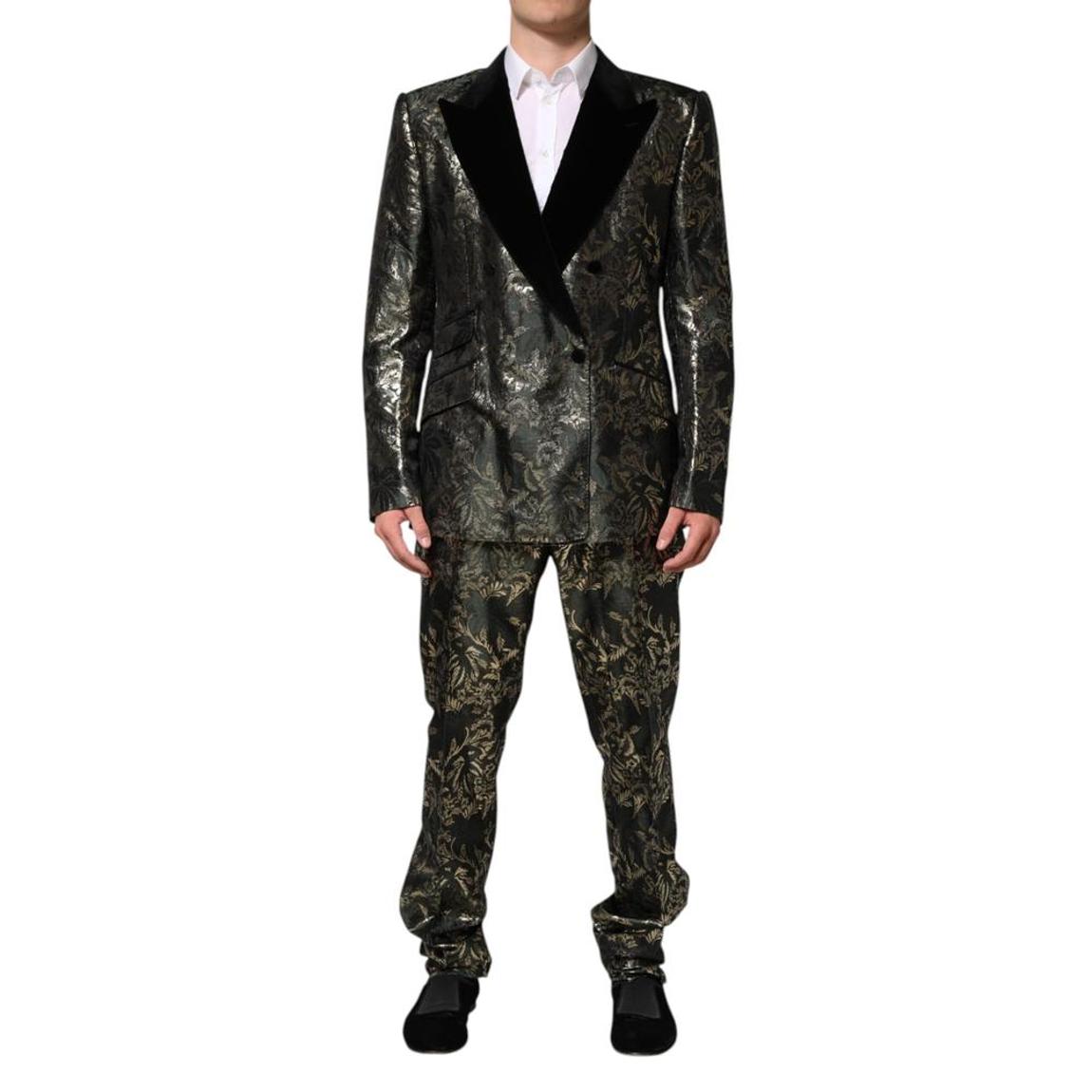 Metallic Floral Jacquard Silk Double Breasted 2 Piece Suit - Black main product photo