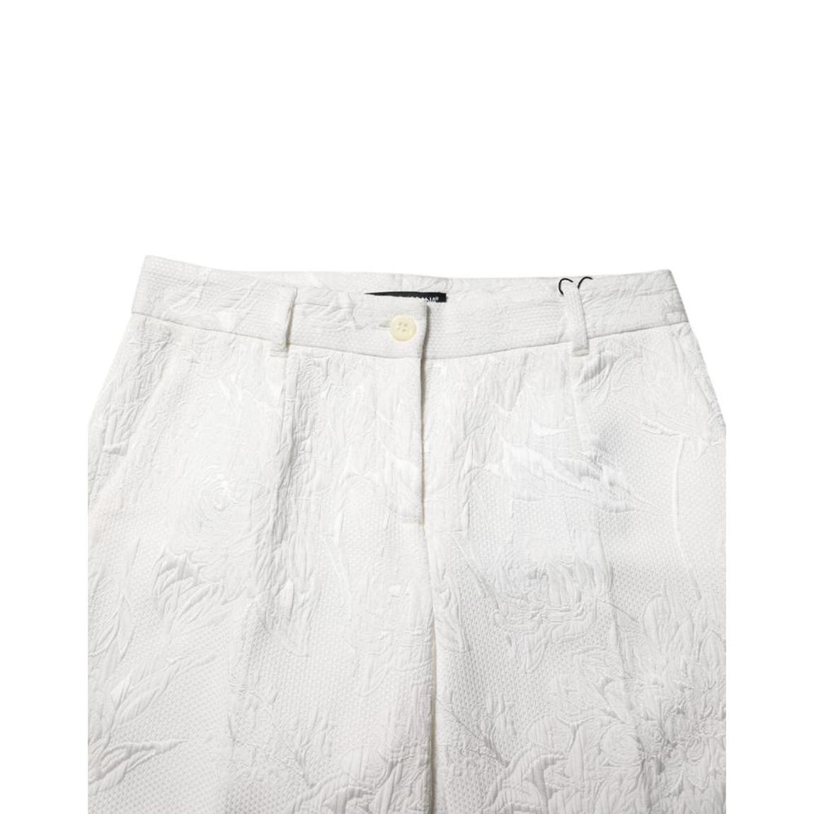 Floral Jacquard Cropped Pants with Zipper Closure Wo - White Jeans main product photo