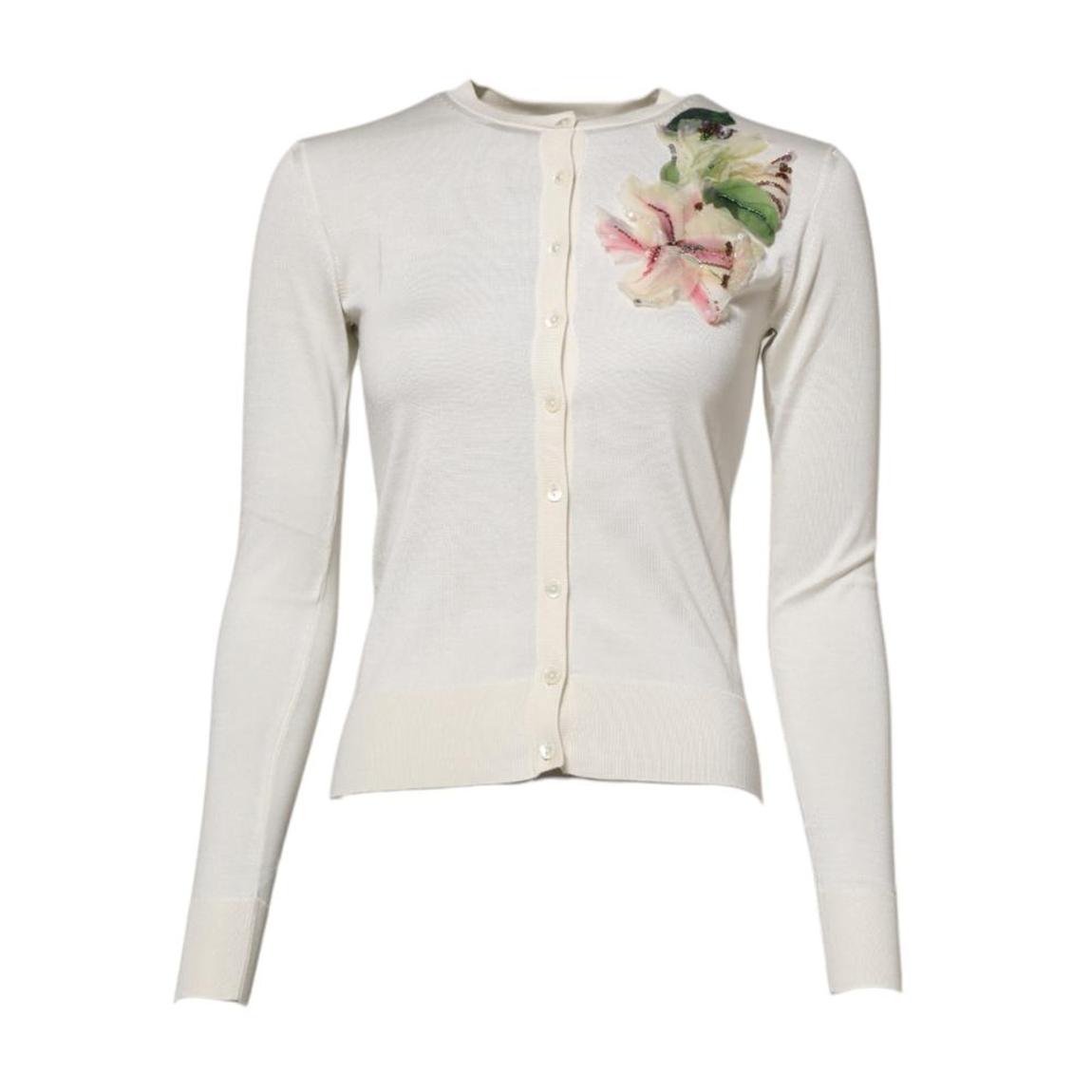 Silk Lily Embellished Cardigan Sweater Wo - White main product photo