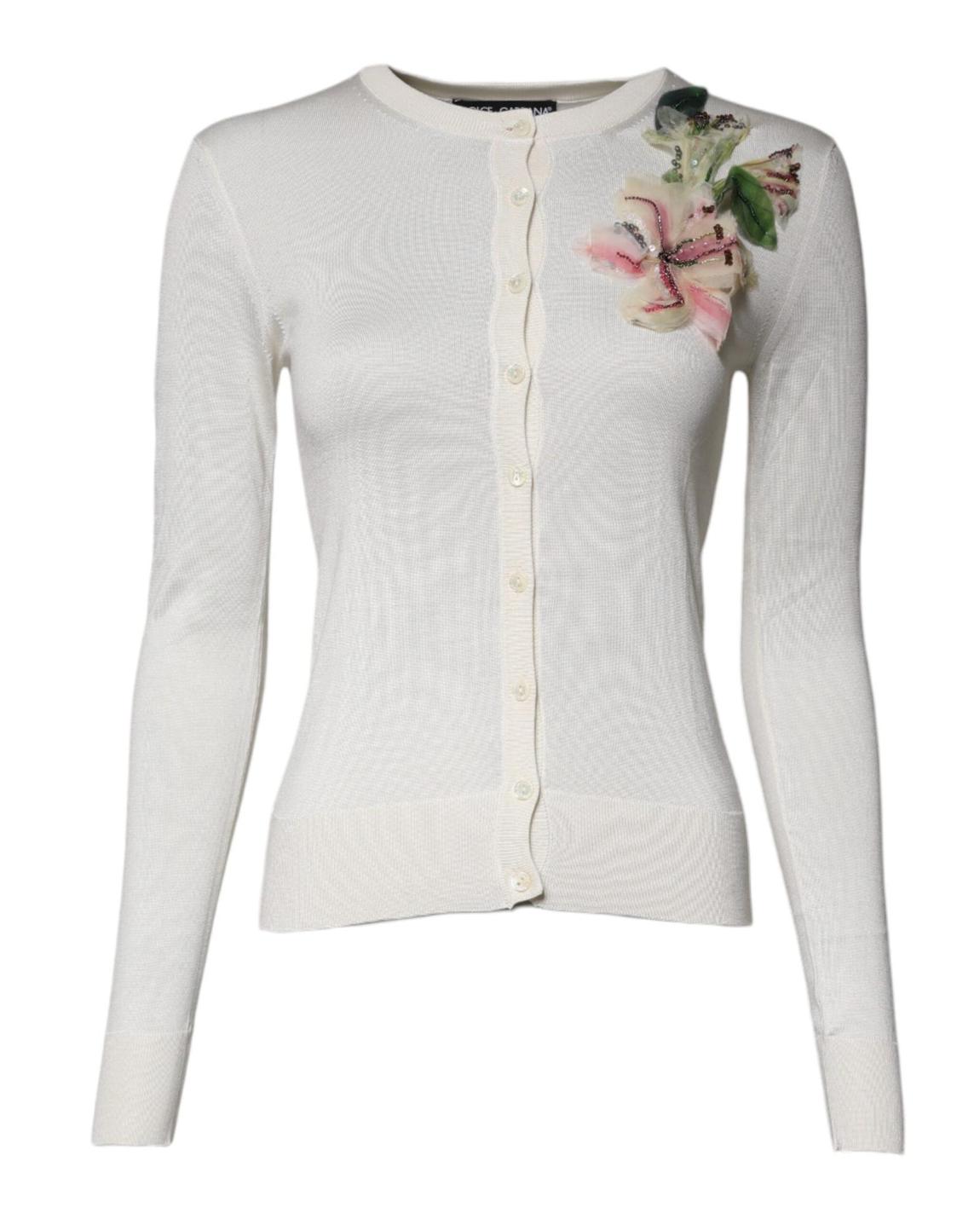 Floral Embellished Cashmere Cardigan - Cream Sweaters main product photo