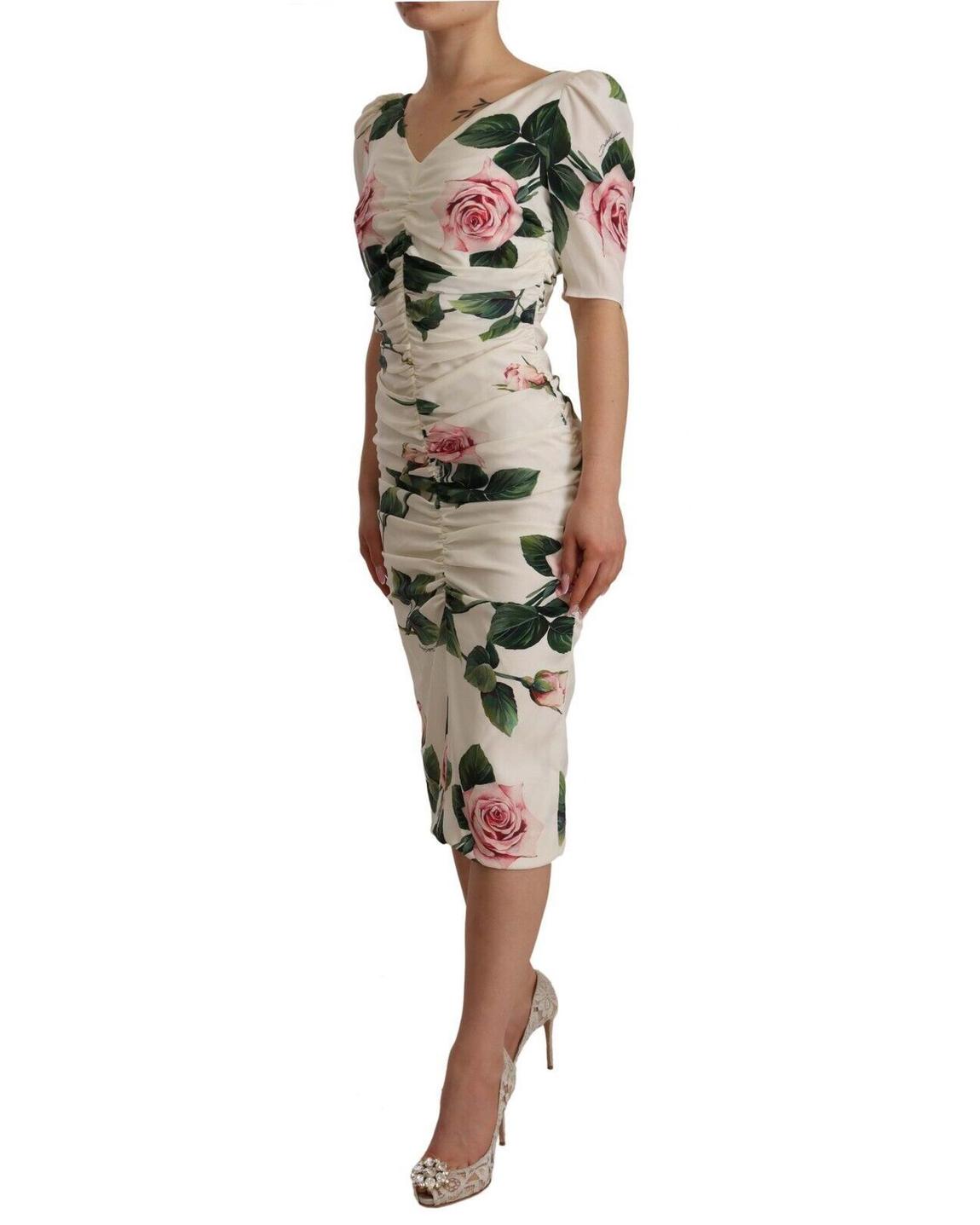 Dolce Gabbana Rose Print Midi Dress - White Dresses main product photo