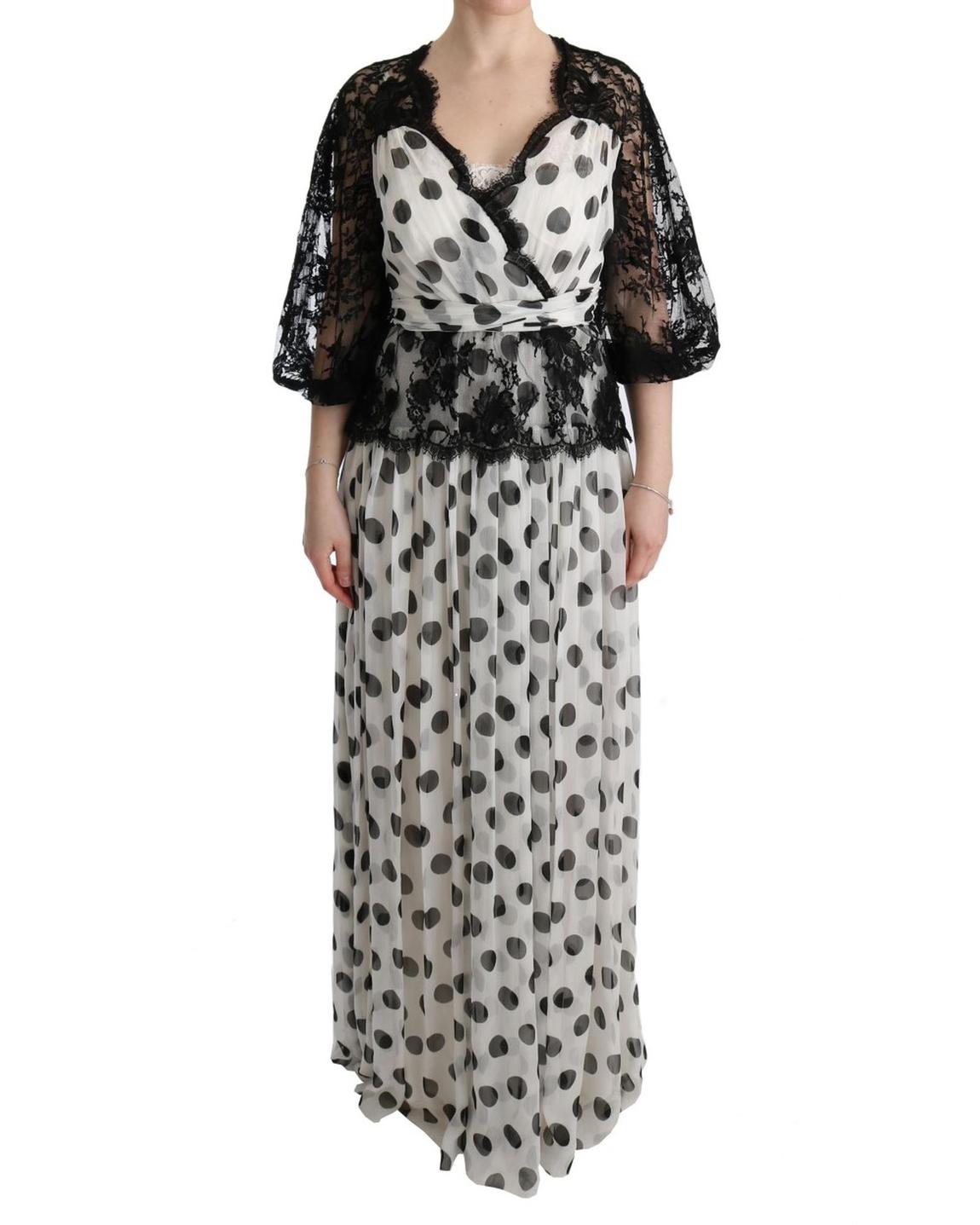 Polka Dot Maxi Dress with Lace Overlay - Blackwhite Dresses main product photo