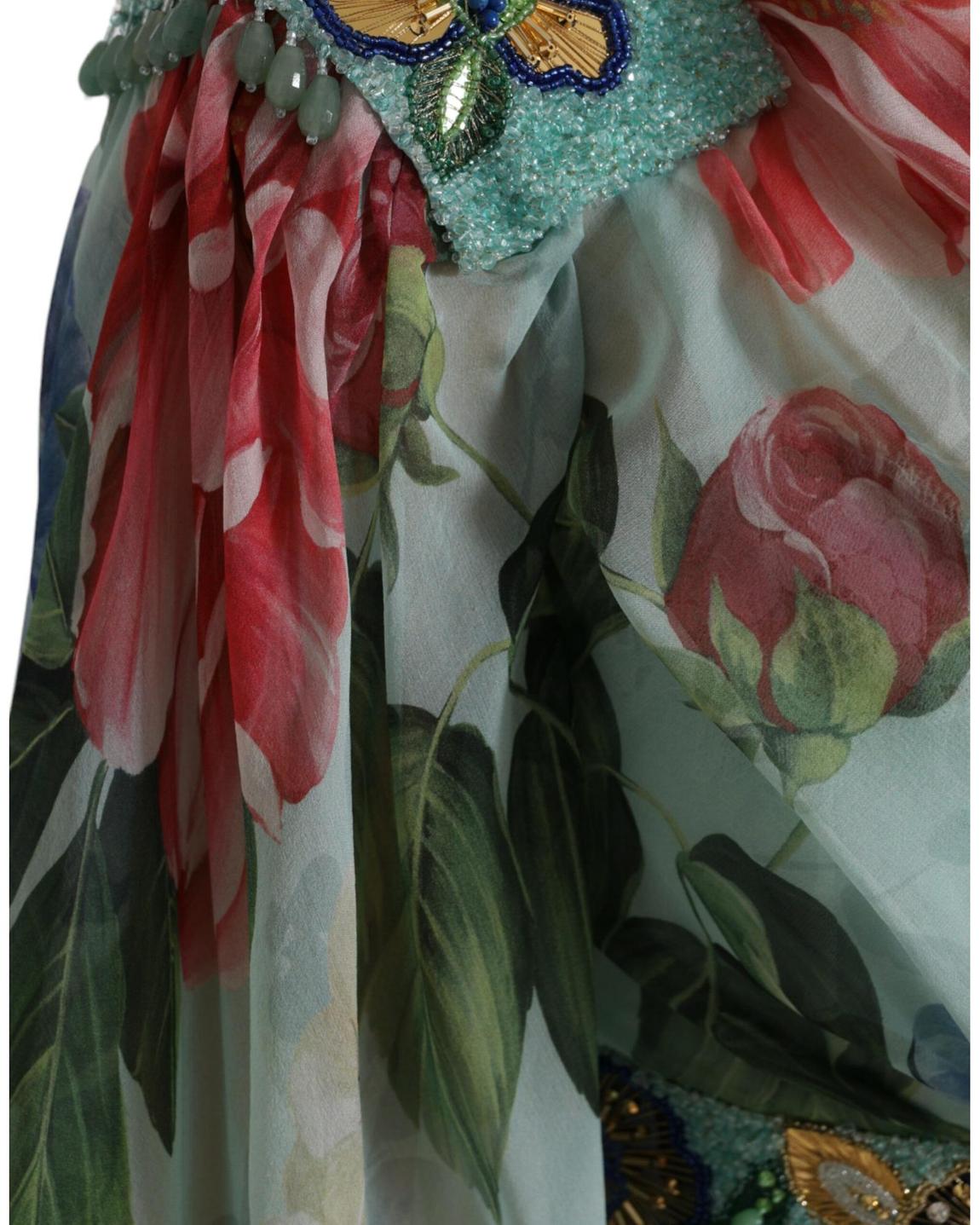 FloralPrint Silk Chiffon Gown Long Dress - Blue Dresses main product photo