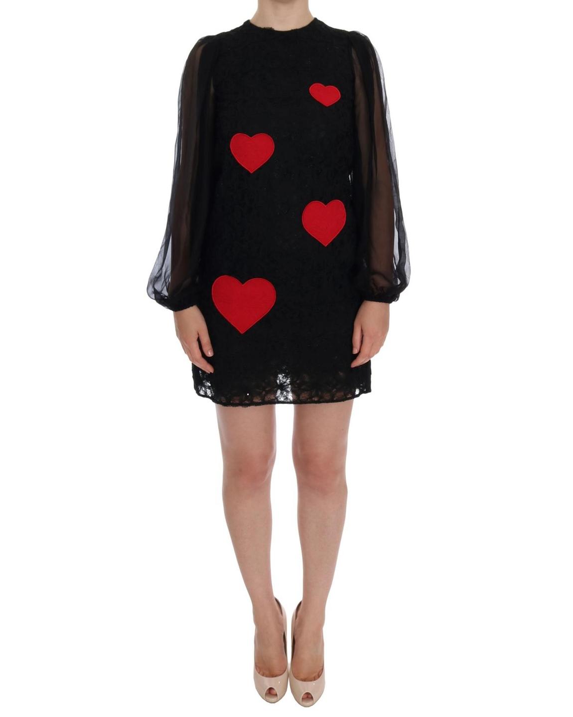 Lace Mini Dress Heart Patches Long Sleeves - Black Dresses main product photo