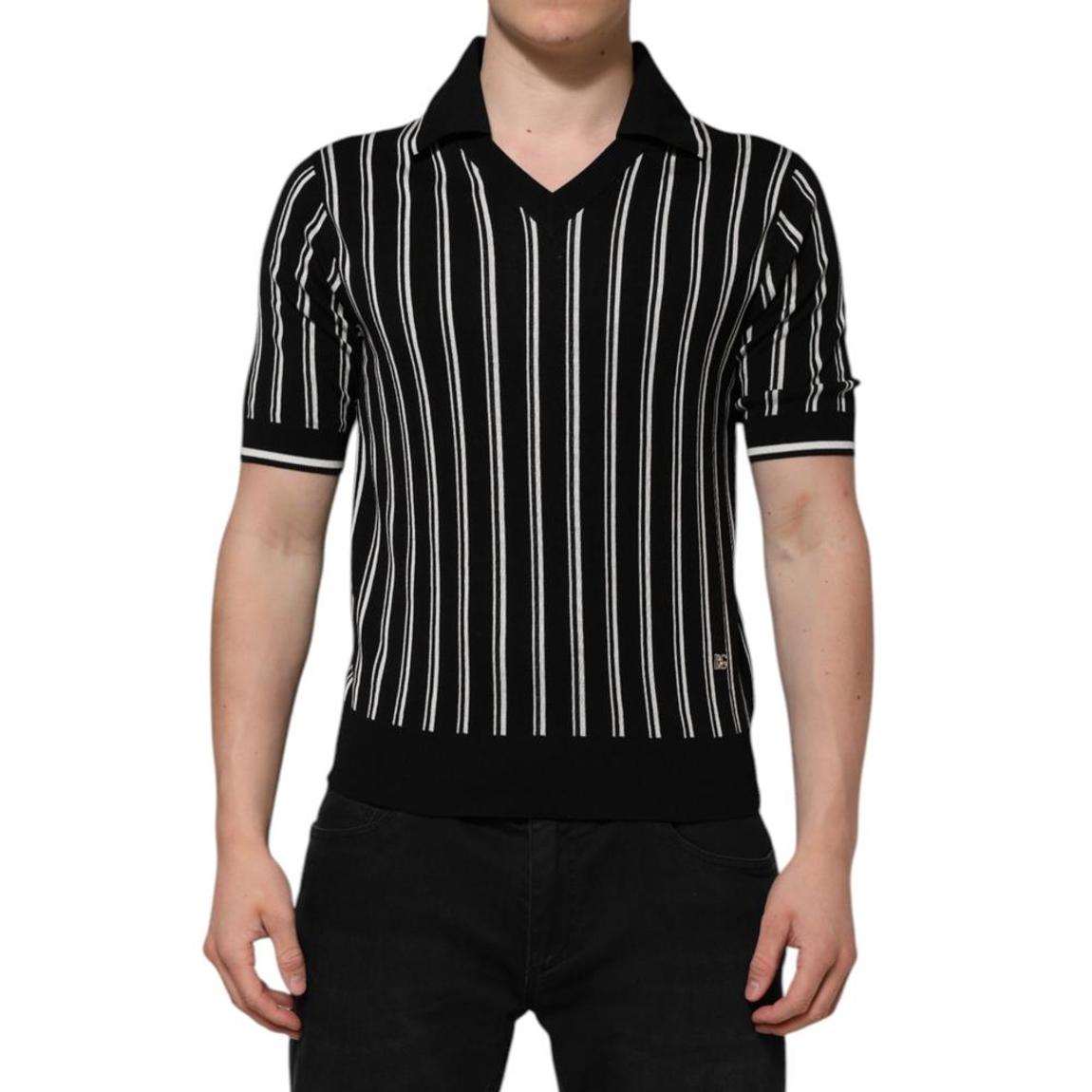 Silk Striped Collared Polo T-Shirt- Blackwhite main product photo