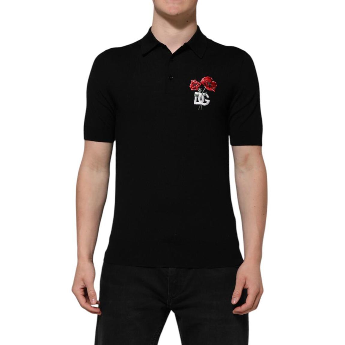 Wool Polo T-shirt with Embroidered Rose and Logo- Black main product photo