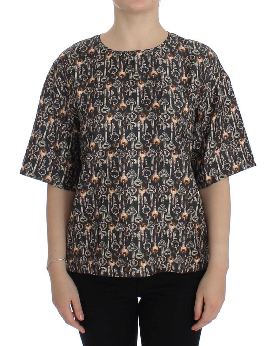 Key Print Silk Top Short Sleeve Blouse Wo - Gray Tops main product photo