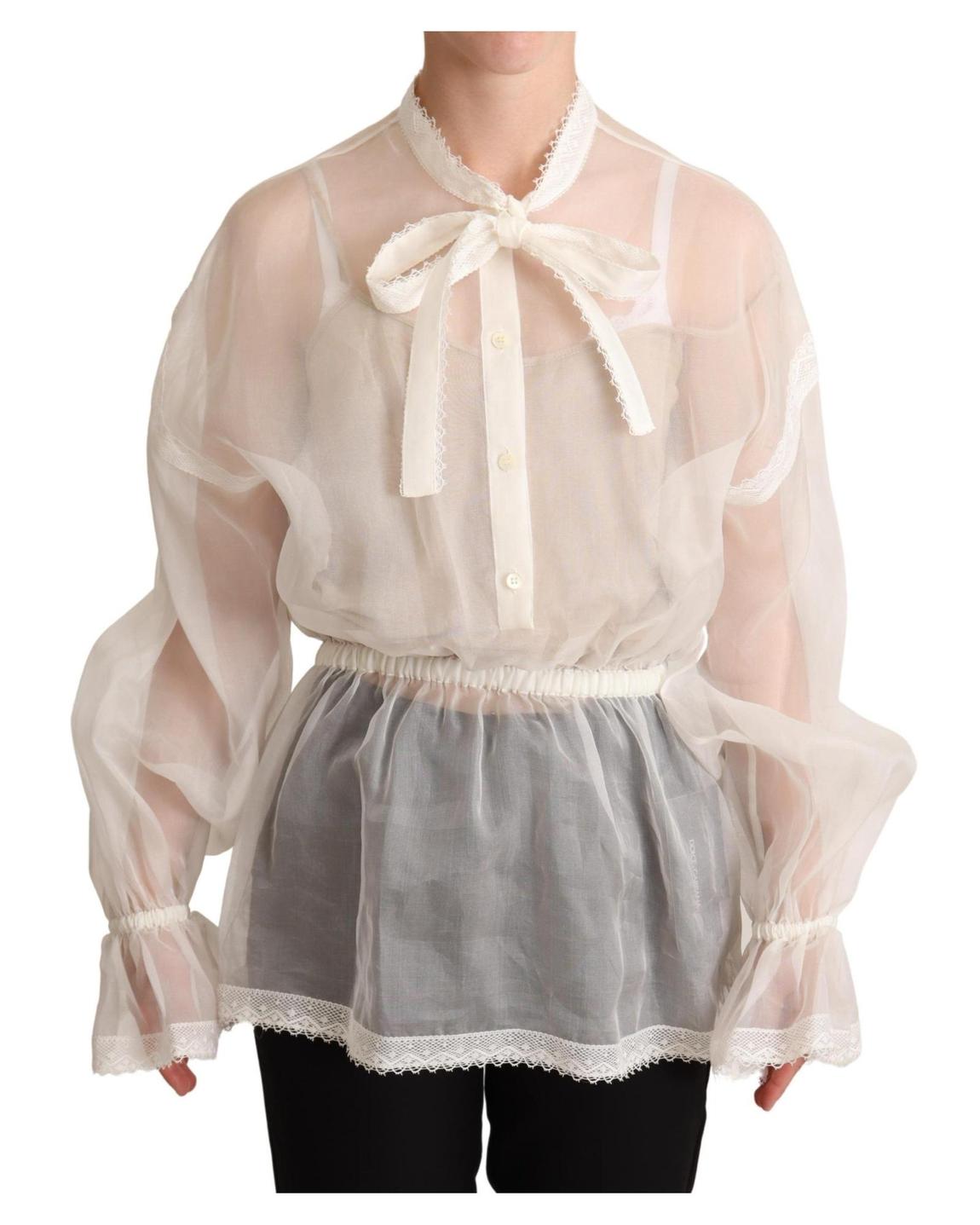 Organza Blouse Puff Sleeves Lace Trim Wo - White Tops main product photo