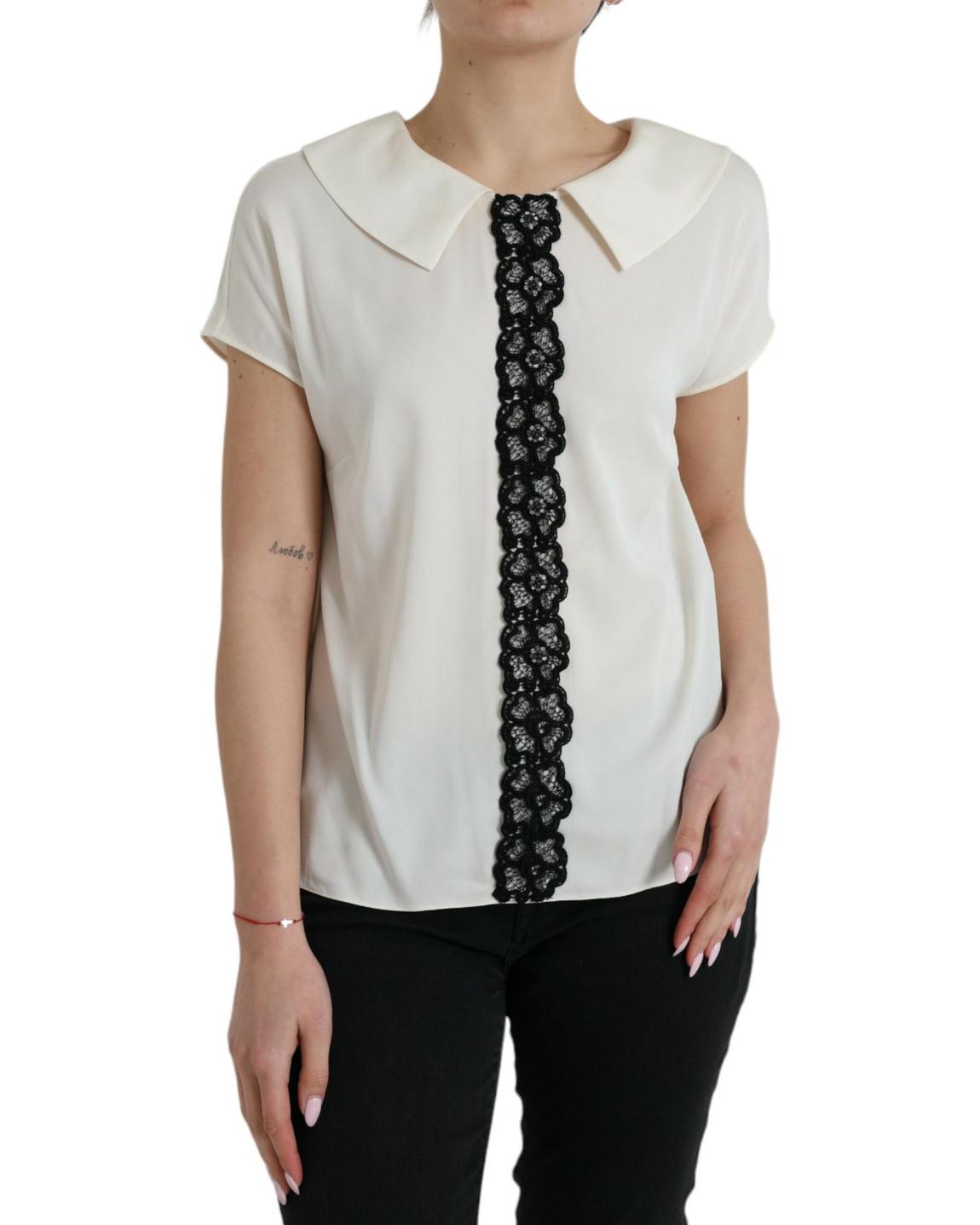 Lace Detail Silk Blouse - Off White Tops main product photo